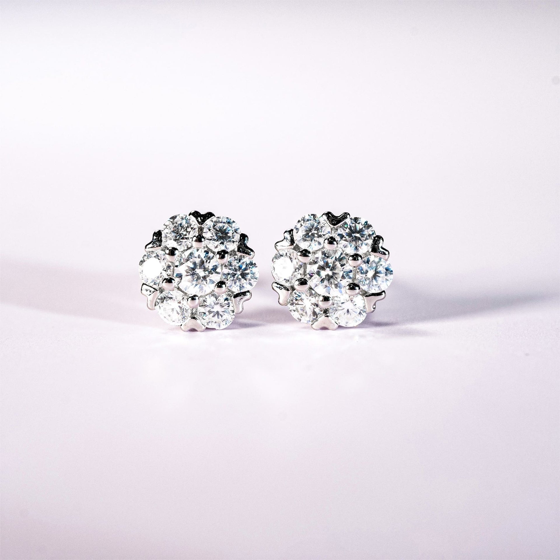 0.48ct DEW Moissanite Cluster Stud Earrings | 7-Stone Flower Halo | 925 Silver Rhodium-Plated