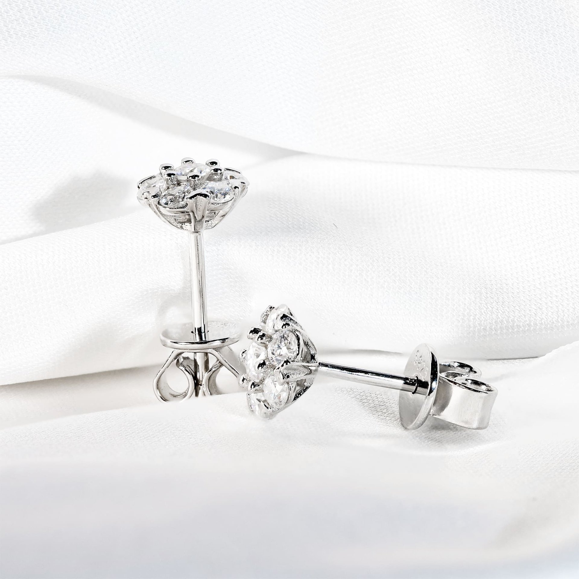 0.48ct DEW Moissanite Cluster Stud Earrings | 7-Stone Flower Halo | 925 Silver Rhodium-Plated - Image 5