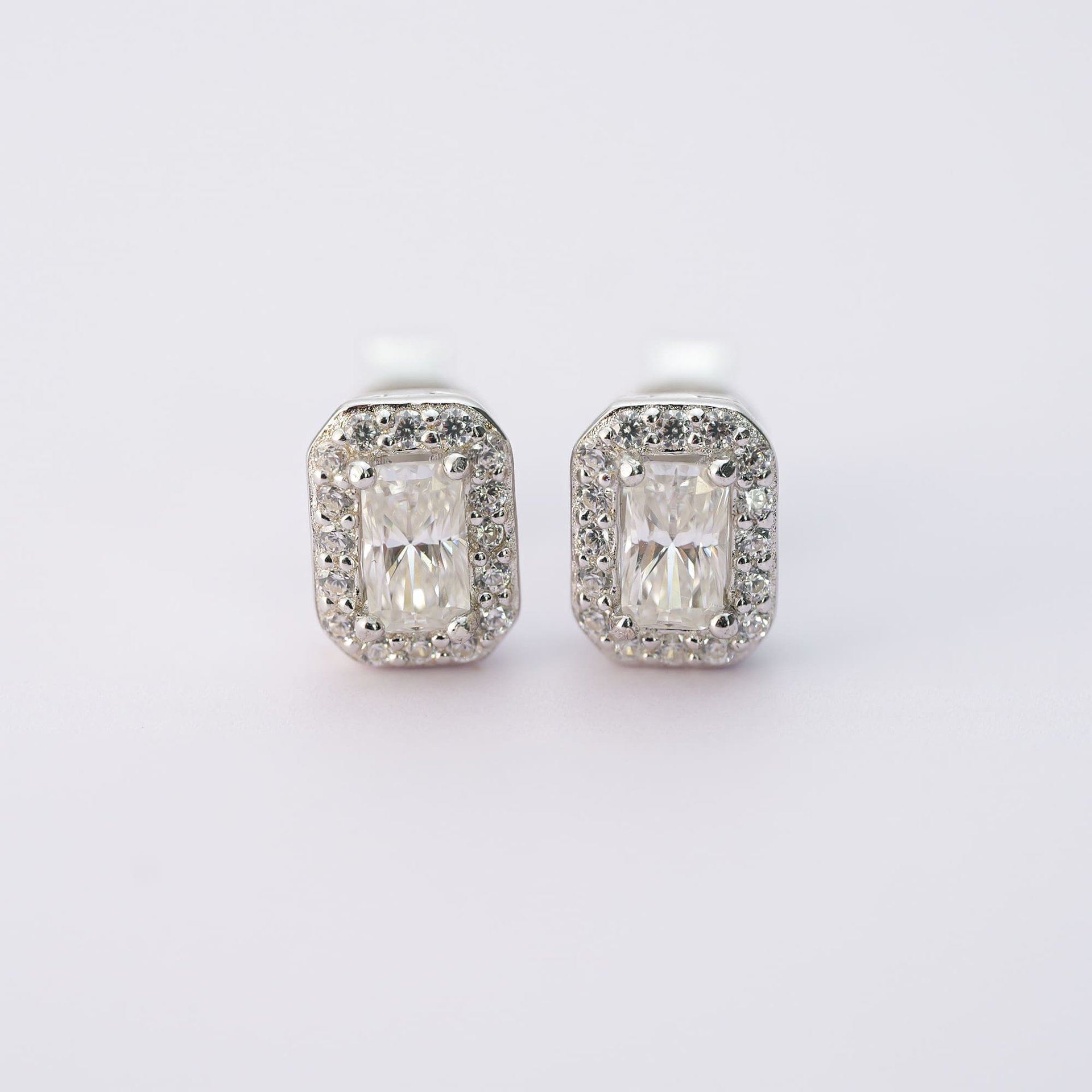 Radiant Cut Moissanite Halo Stud Earrings | Pavé Halo White Gold-Plated 925 Silver