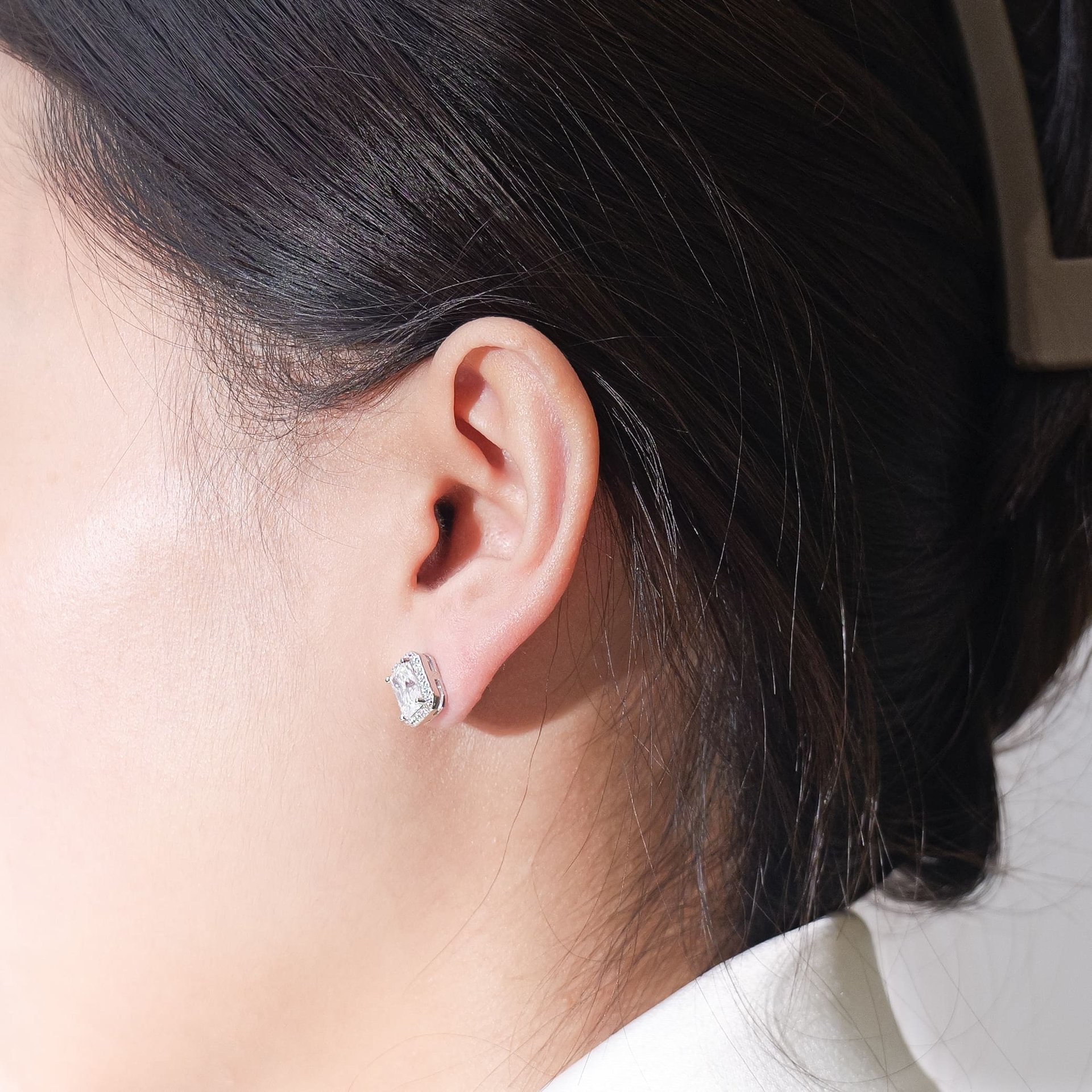 Radiant Cut Moissanite Halo Stud Earrings | Pavé Halo White Gold-Plated 925 Silver - alternate view