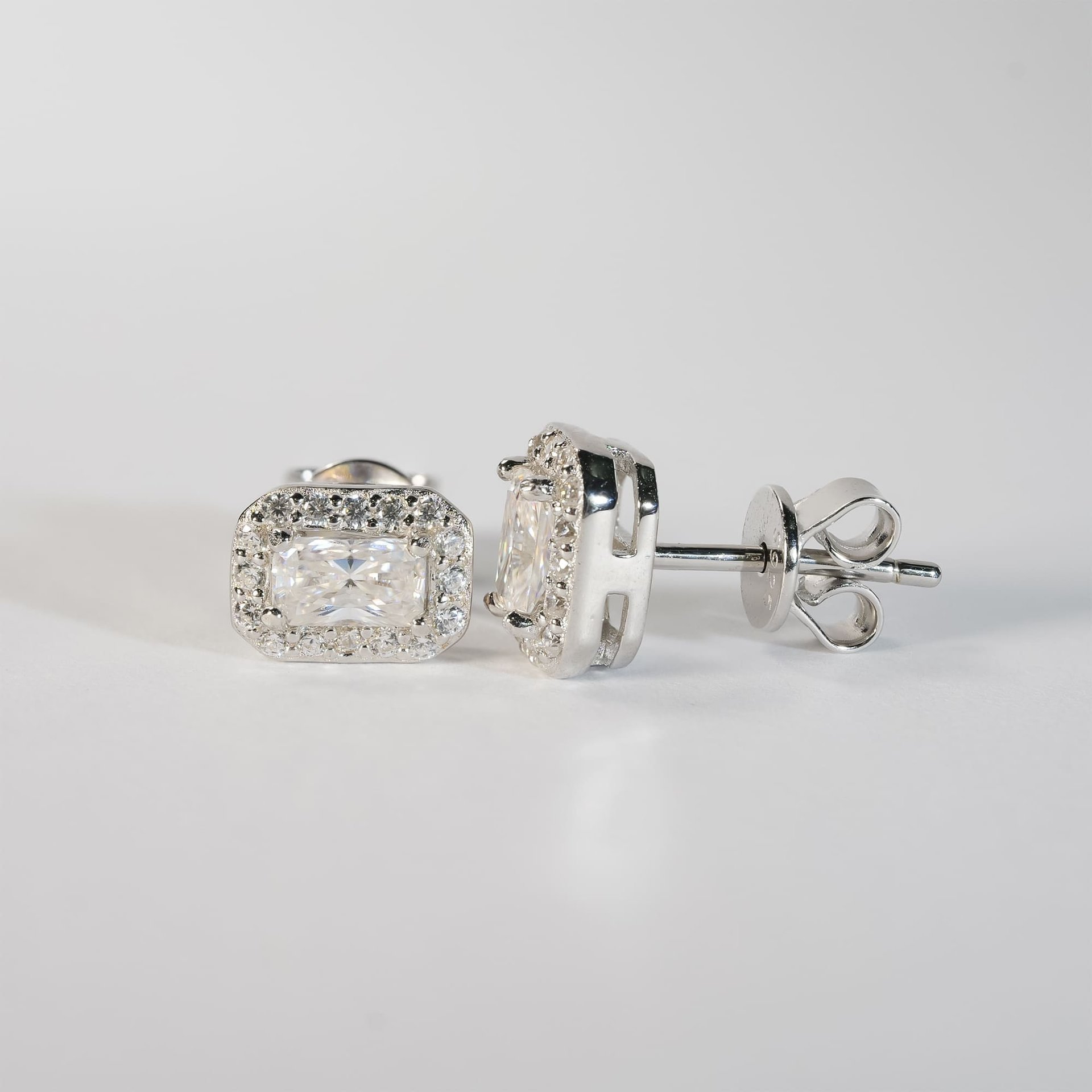 Radiant Cut Moissanite Halo Stud Earrings | Pavé Halo White Gold-Plated 925 Silver - Image 4