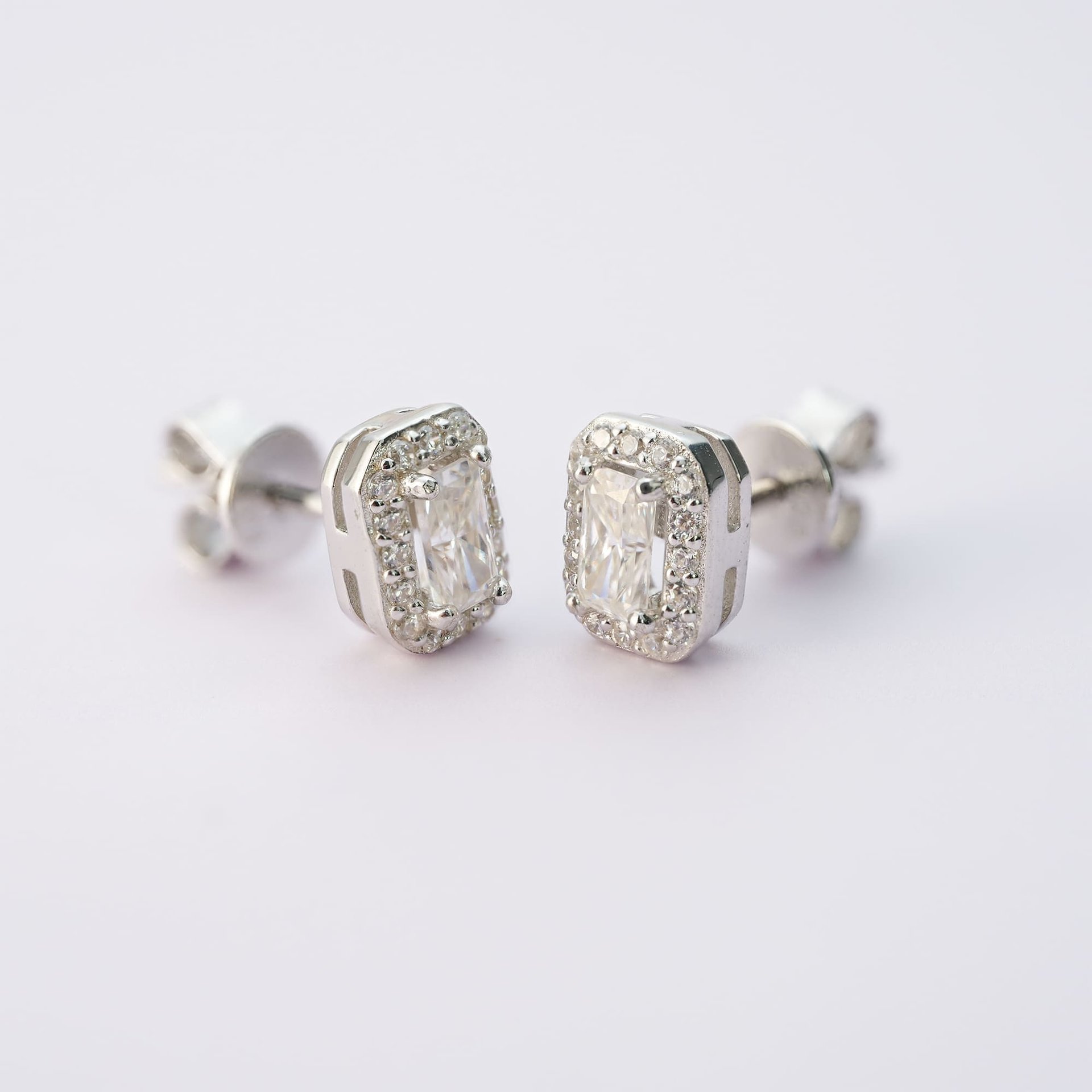 Radiant Cut Moissanite Halo Stud Earrings | Pavé Halo White Gold-Plated 925 Silver - Image 6