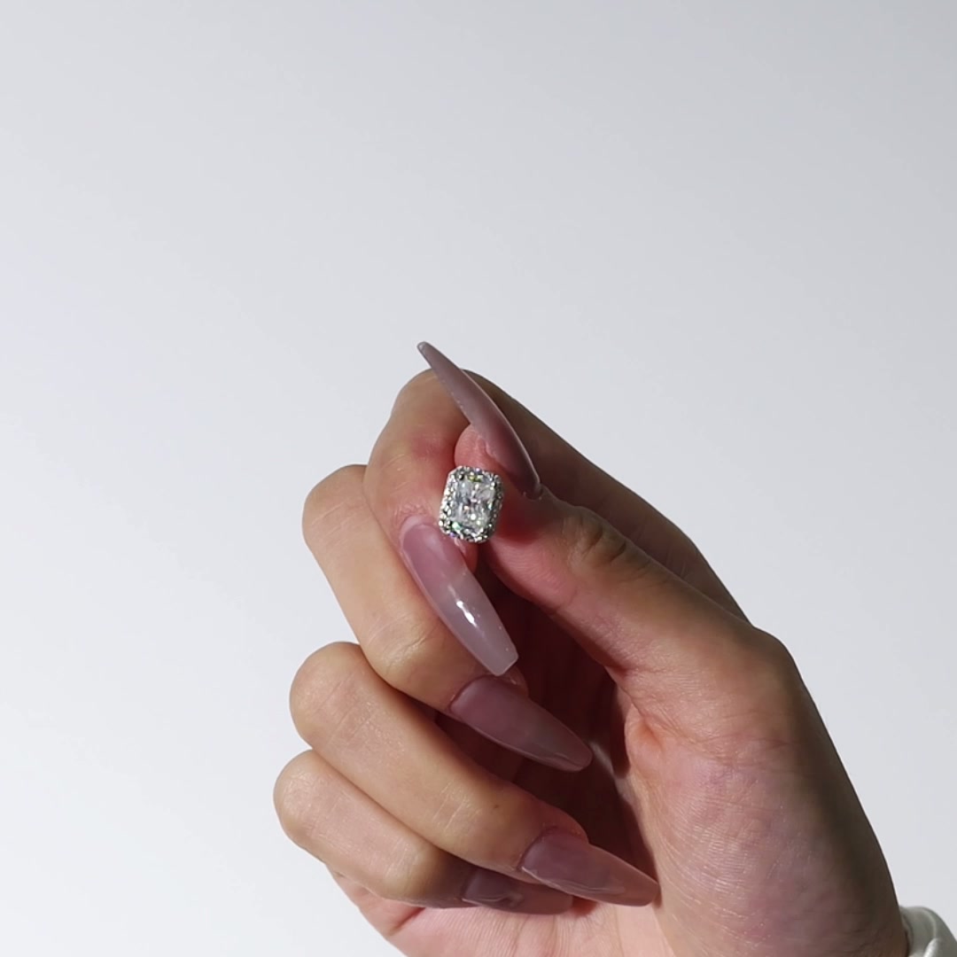 Radiant Cut Moissanite Halo Stud Earrings | Pavé Halo White Gold-Plated 925 Silver product video thumbnail