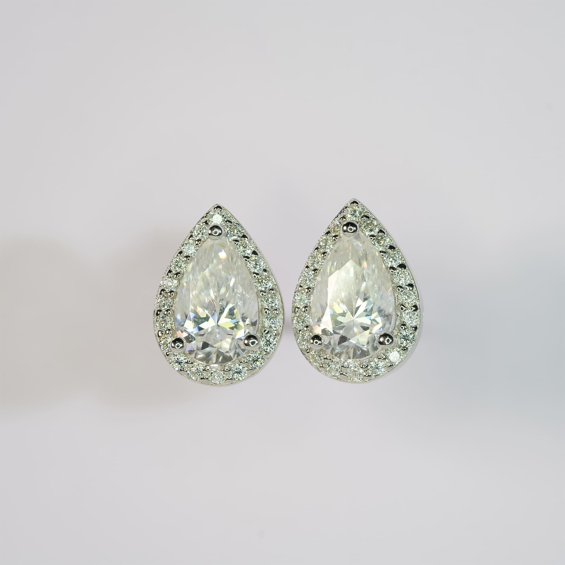 Pear-Cut Moissanite Halo Stud Earrings | 1ct DEW (6.5mm) Center | DEF VVS | 925 Sterling Silver