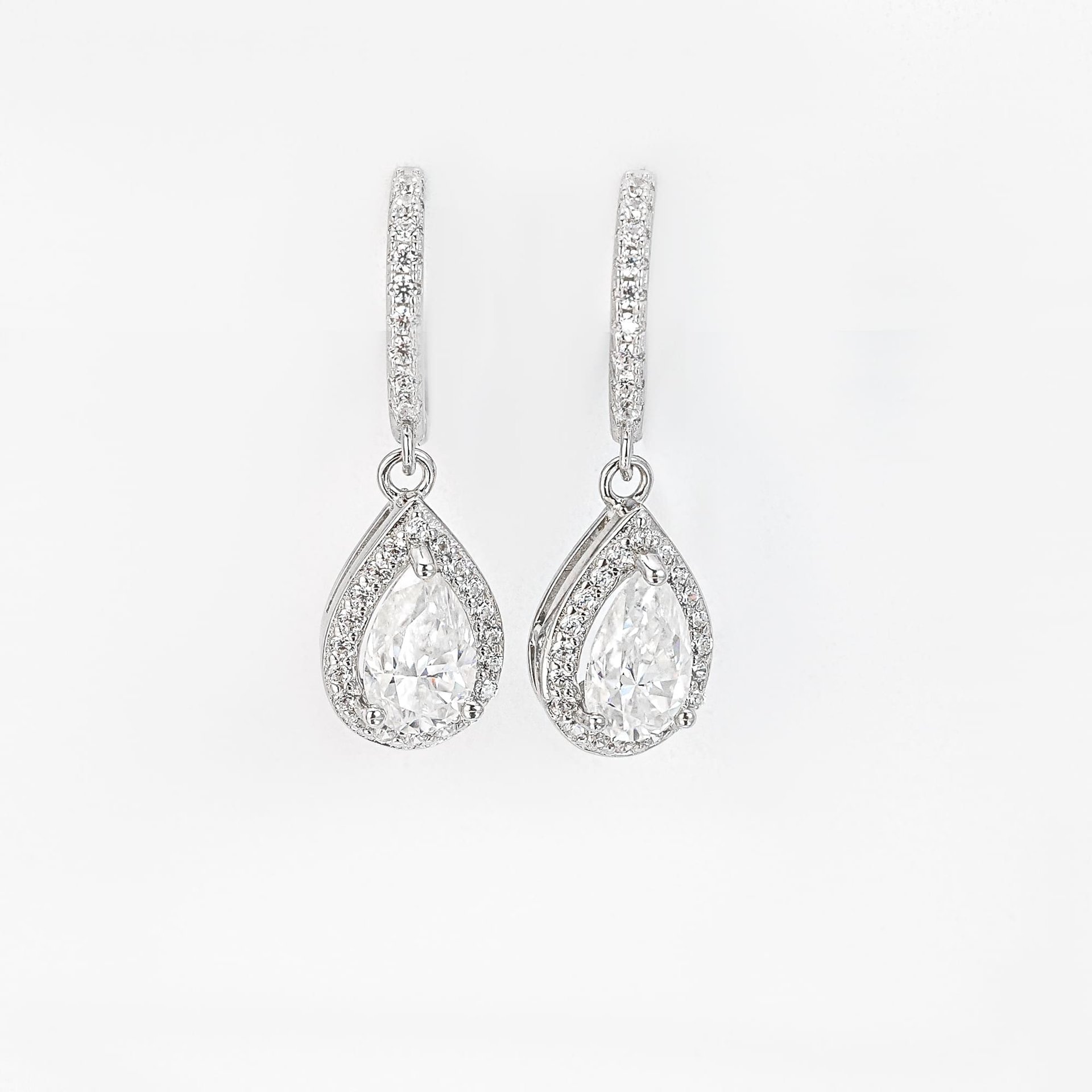 1ct Pear Cut Moissanite Halo Drop Earrings | Pave Huggie Hoops | 925 Sterling Silver