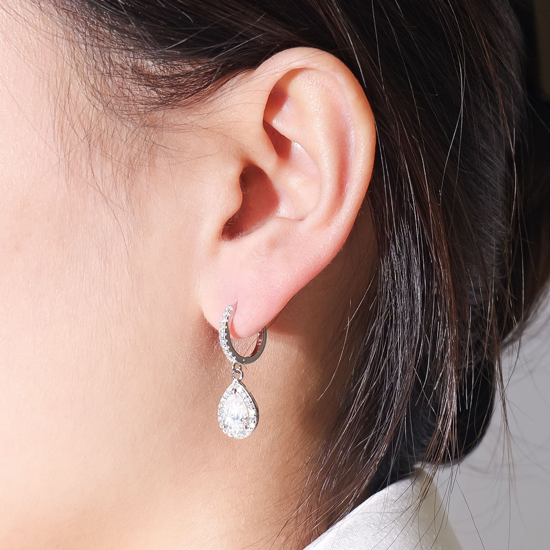 1ct Pear Cut Moissanite Halo Drop Earrings | Pave Huggie Hoops | 925 Sterling Silver - Image 3
