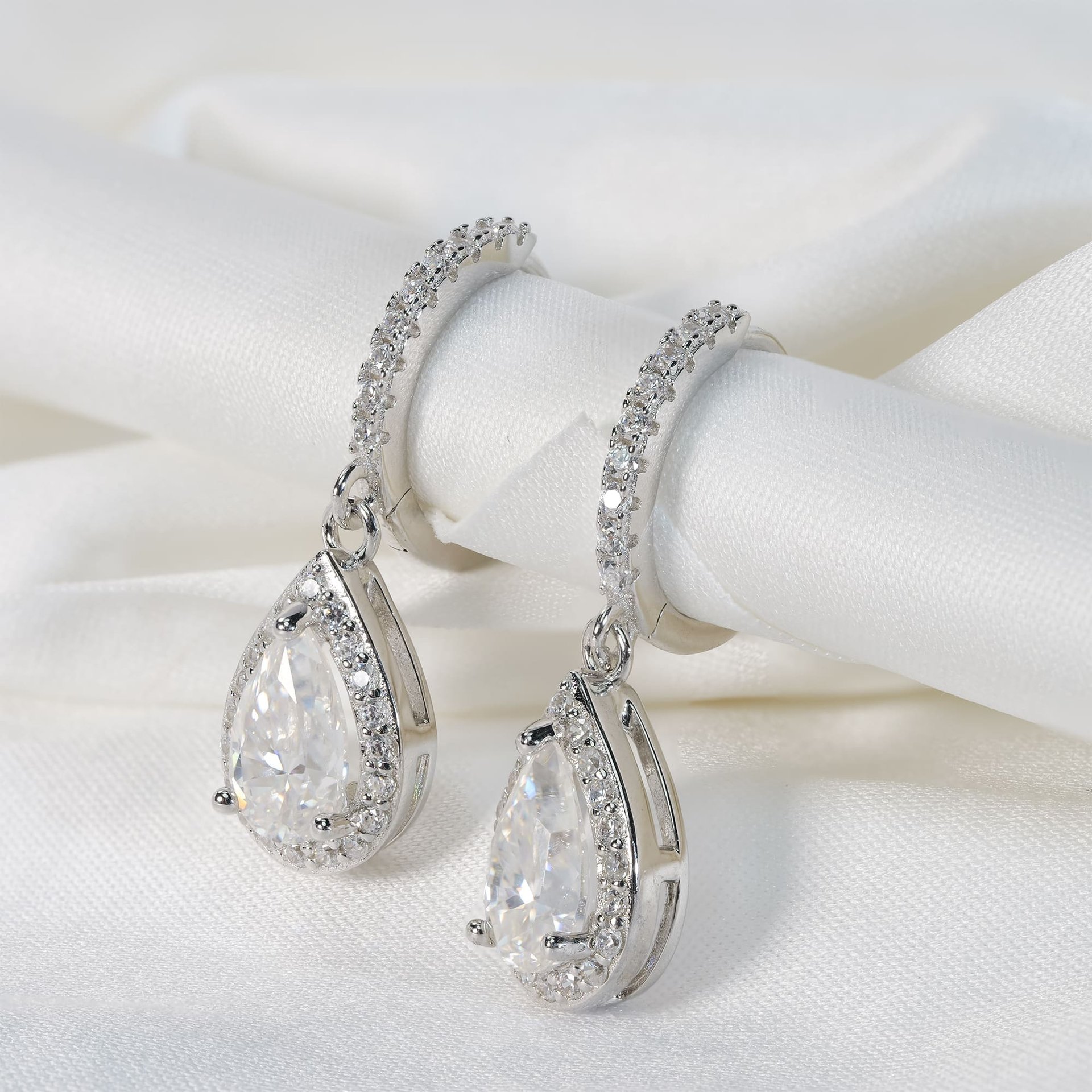 1ct Pear Cut Moissanite Halo Drop Earrings | Pave Huggie Hoops | 925 Sterling Silver - Image 4