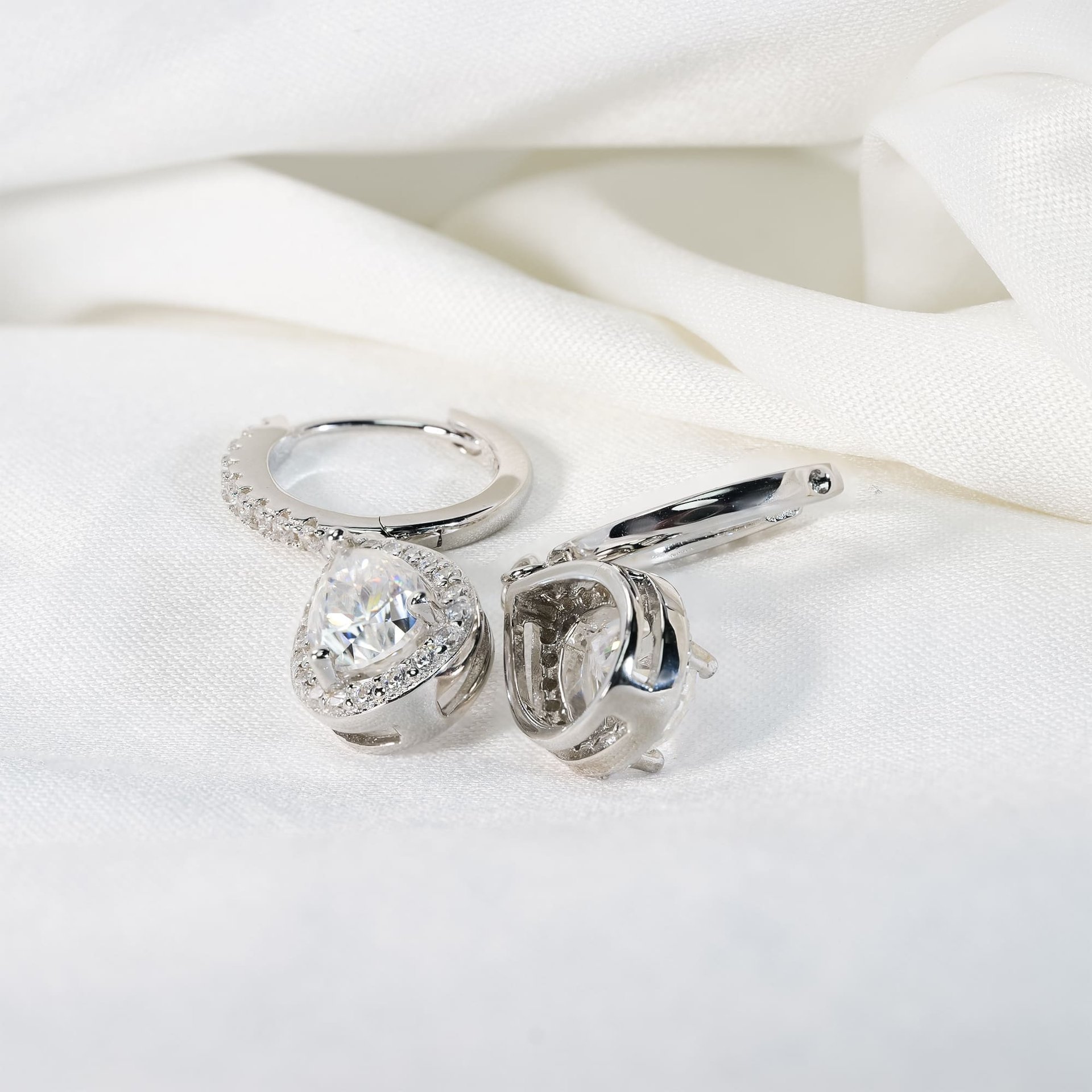 1ct Pear Cut Moissanite Halo Drop Earrings | Pave Huggie Hoops | 925 Sterling Silver - Image 5