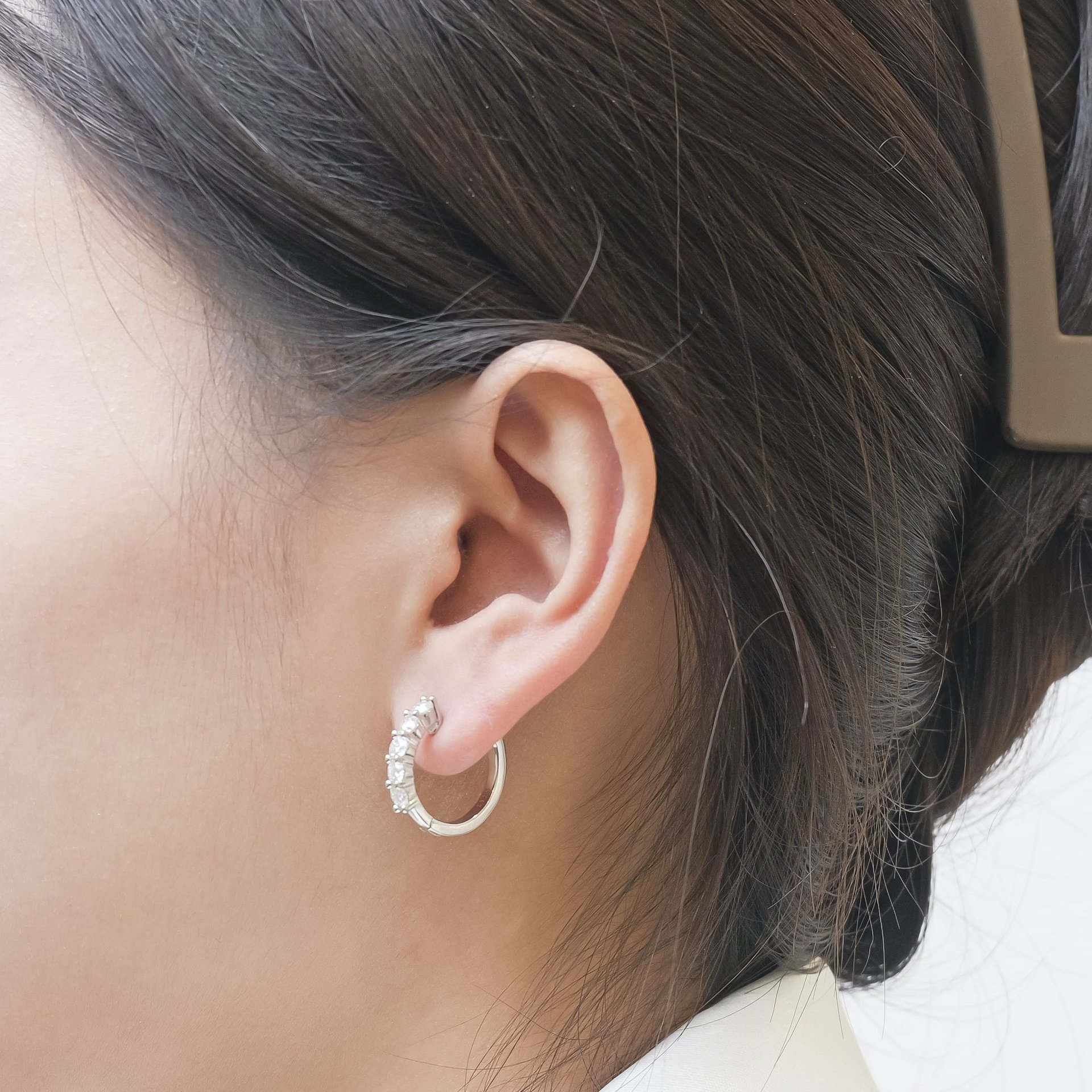 1ctw Round Moissanite Huggie Hoop Earrings | Bar-Set 925 Sterling Silver, White Gold Plated - alternate view
