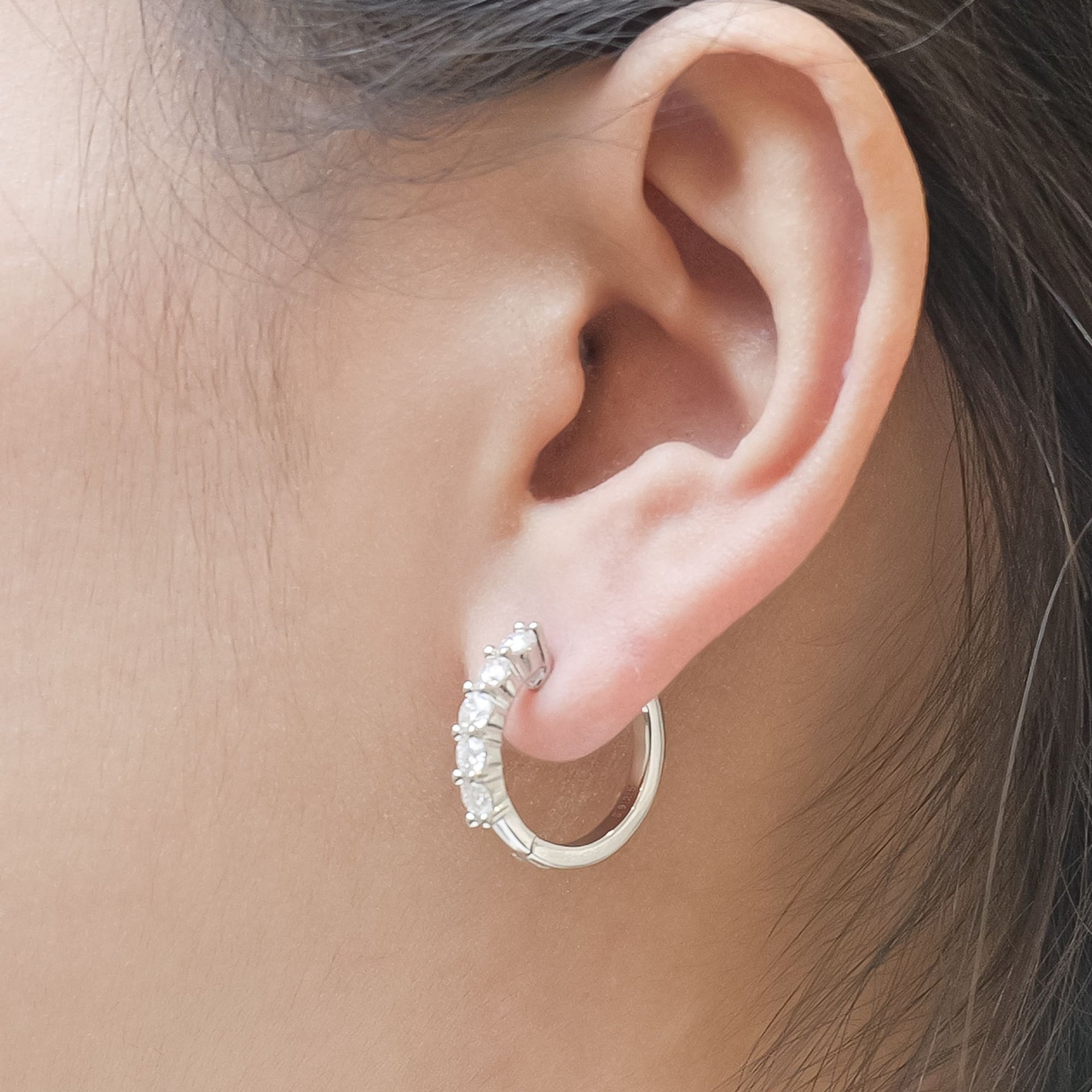 1ctw Round Moissanite Huggie Hoop Earrings | Bar-Set 925 Sterling Silver, White Gold Plated - Image 3
