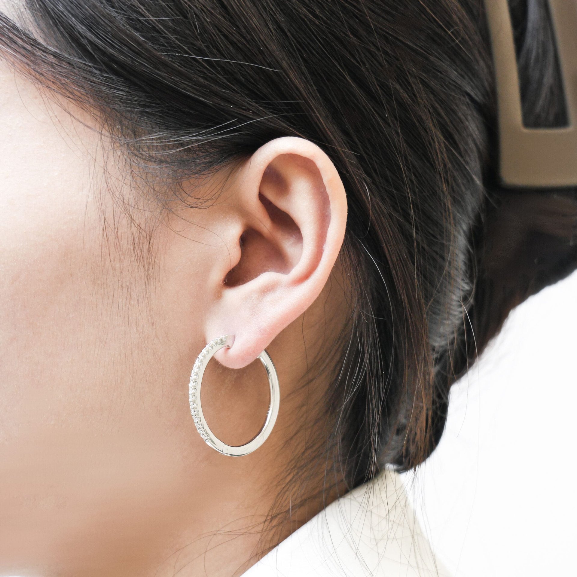 Moissanite Pave Hoop Earrings | 0.54 CTW DEF/VVS Round Melee | 925 Silver, White Gold Plated - alternate view