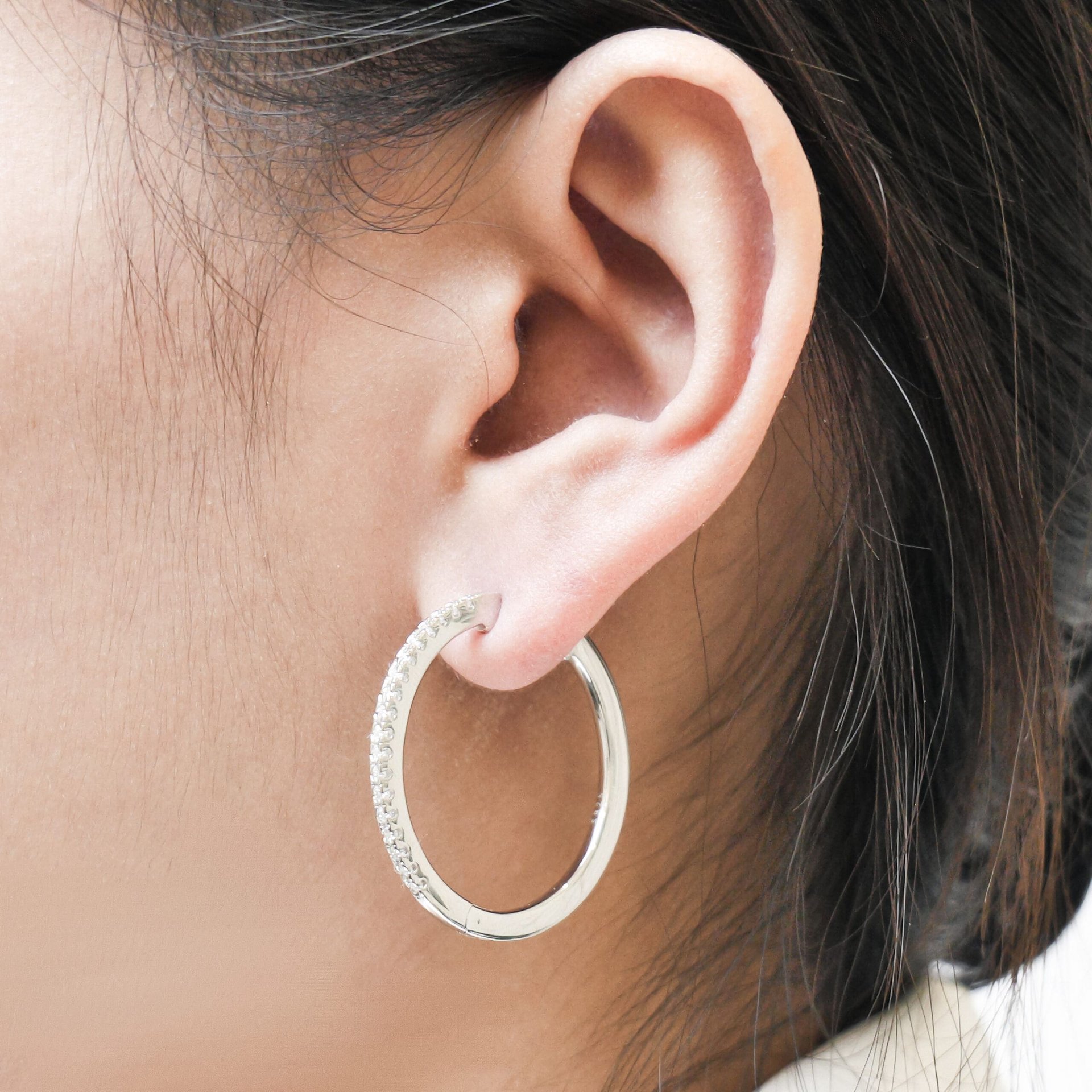Moissanite Pave Hoop Earrings | 0.54 CTW DEF/VVS Round Melee | 925 Silver, White Gold Plated - Image 3