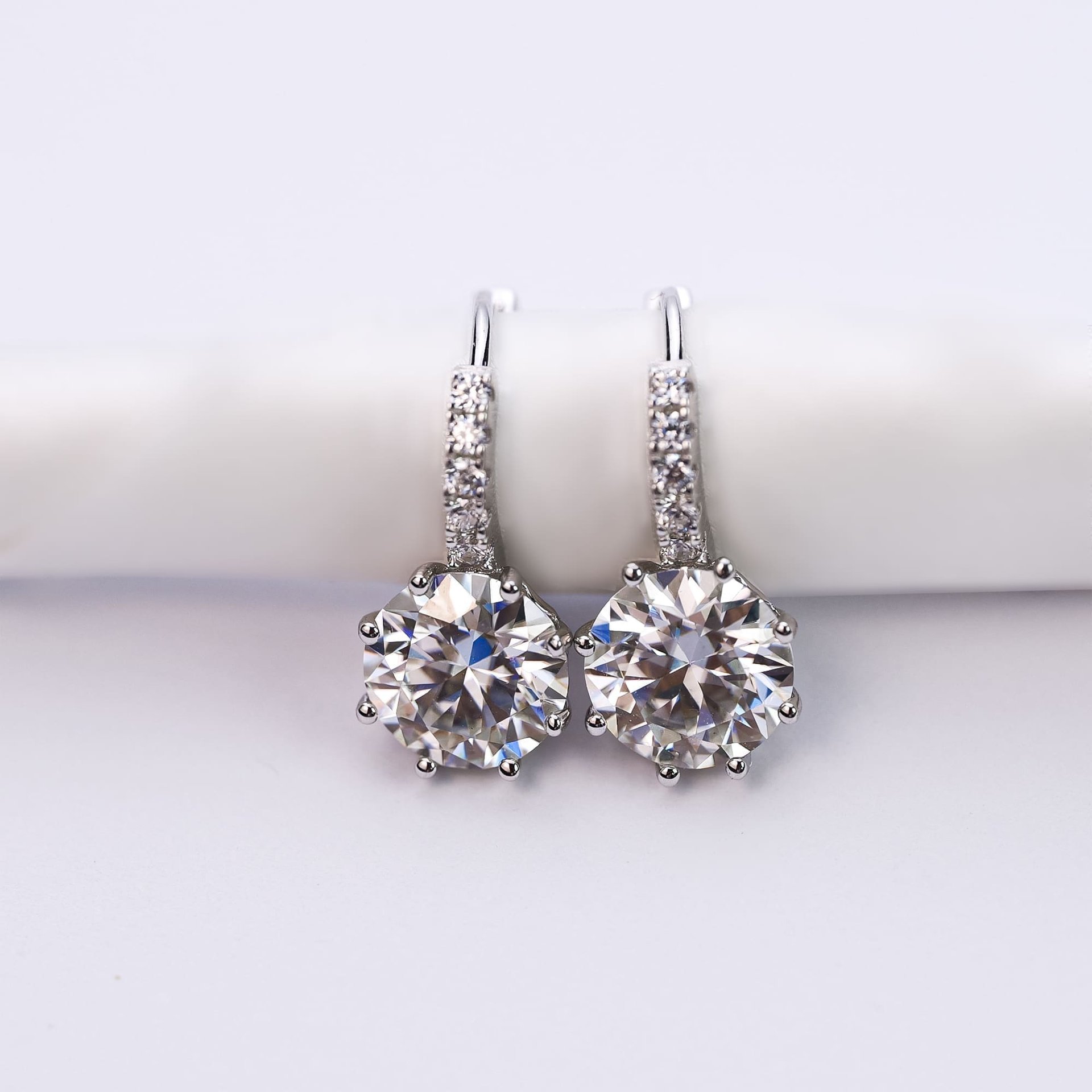 2ct Round Brilliant Moissanite Drop Earrings | 8mm DEW Solitaire | Pavé Lever-Back | 925 Sterling Silver