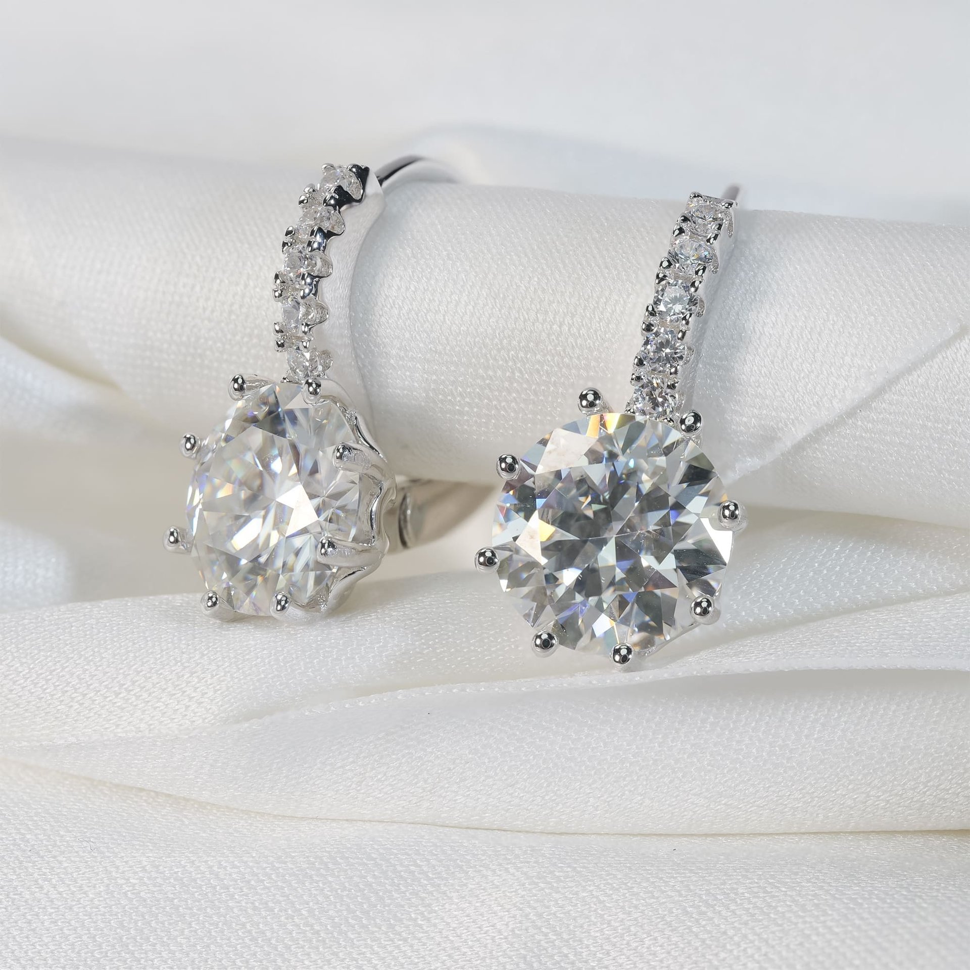2ct Round Brilliant Moissanite Drop Earrings | 8mm DEW Solitaire | Pavé Lever-Back | 925 Sterling Silver - Image 4