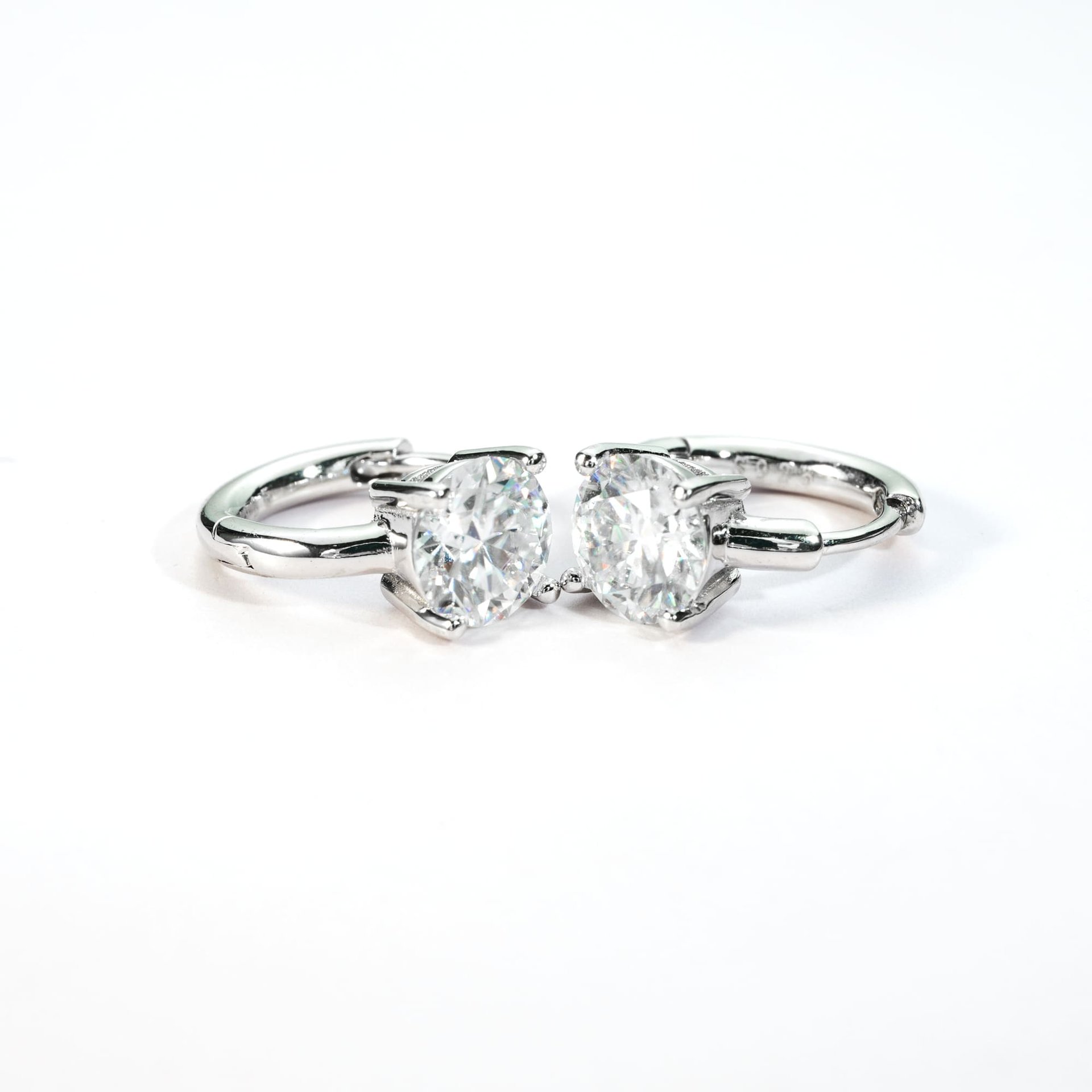 Moissanite Huggie Hoop Earrings | Round Brilliant Four-Prong Solitaire in Sterling Silver