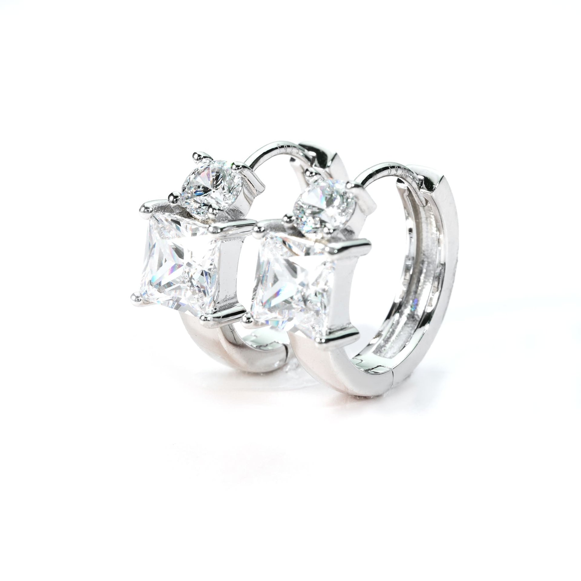 Princess Cut Moissanite Huggie Earrings | Two-Stone 925 Silver Hoops - alternate view