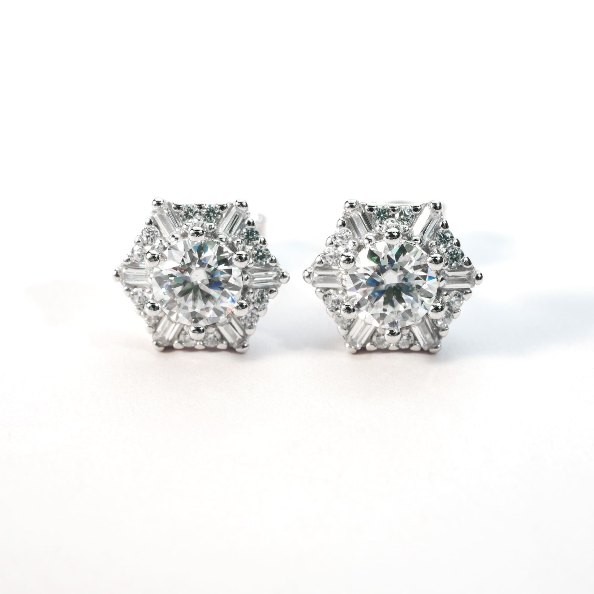 Art Deco Hexagon Halo Moissanite Stud Earrings in Silver | 0.5ct DEW (5mm) Round Cluster