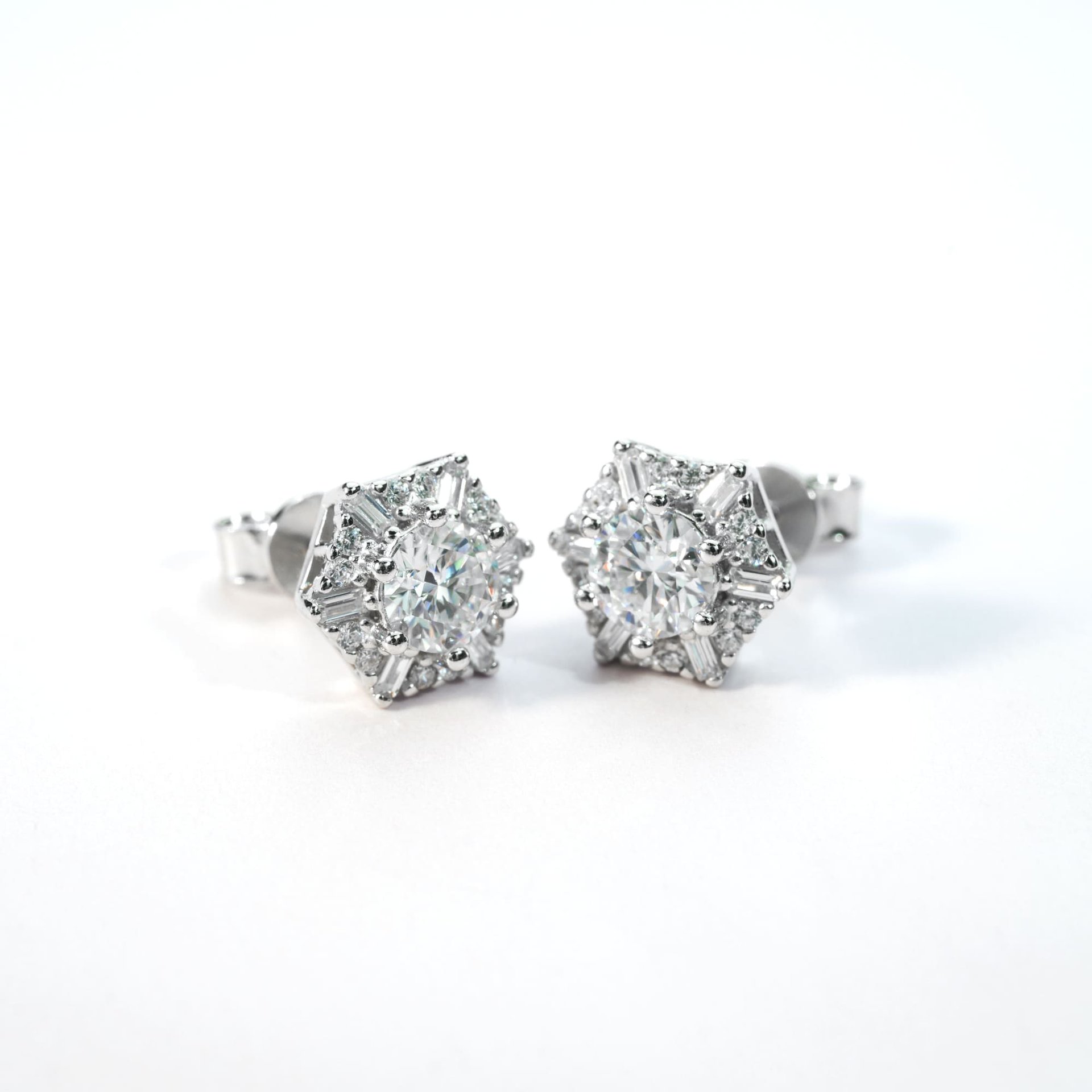 Art Deco Hexagon Halo Moissanite Stud Earrings in Silver | 0.5ct DEW (5mm) Round Cluster - alternate view