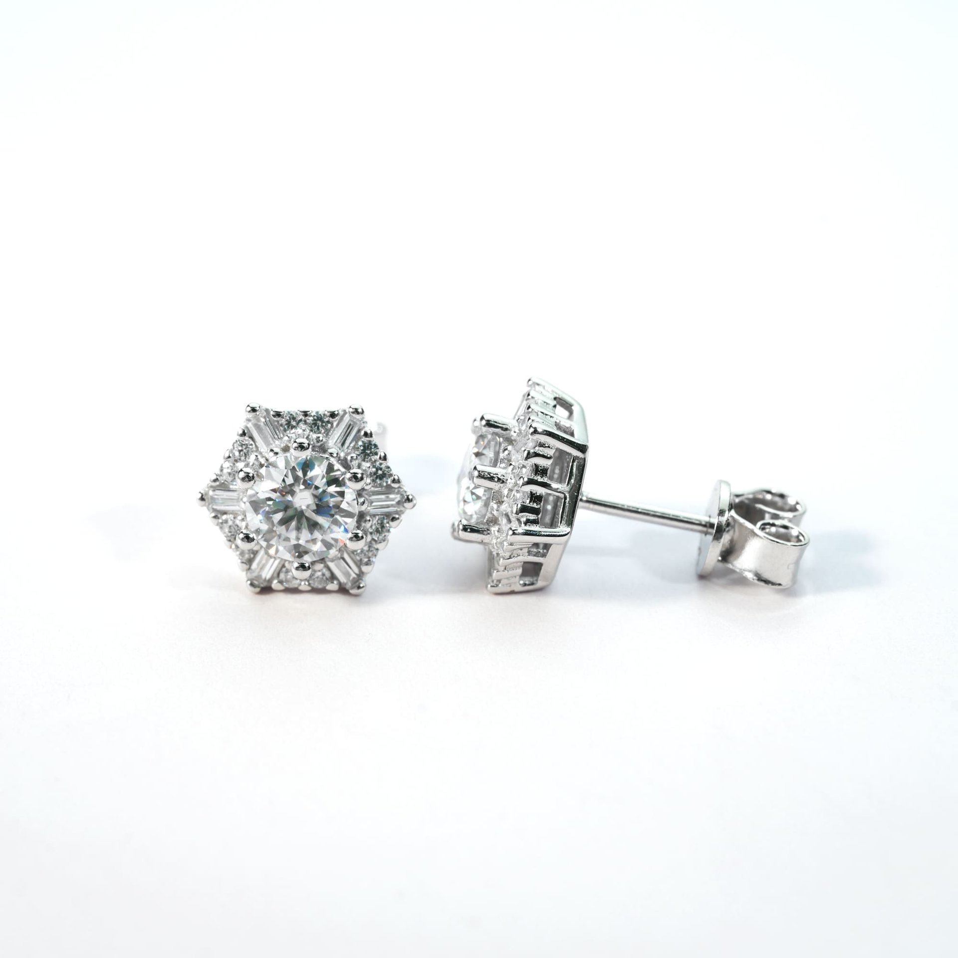 Art Deco Hexagon Halo Moissanite Stud Earrings in Silver | 0.5ct DEW (5mm) Round Cluster - Image 3