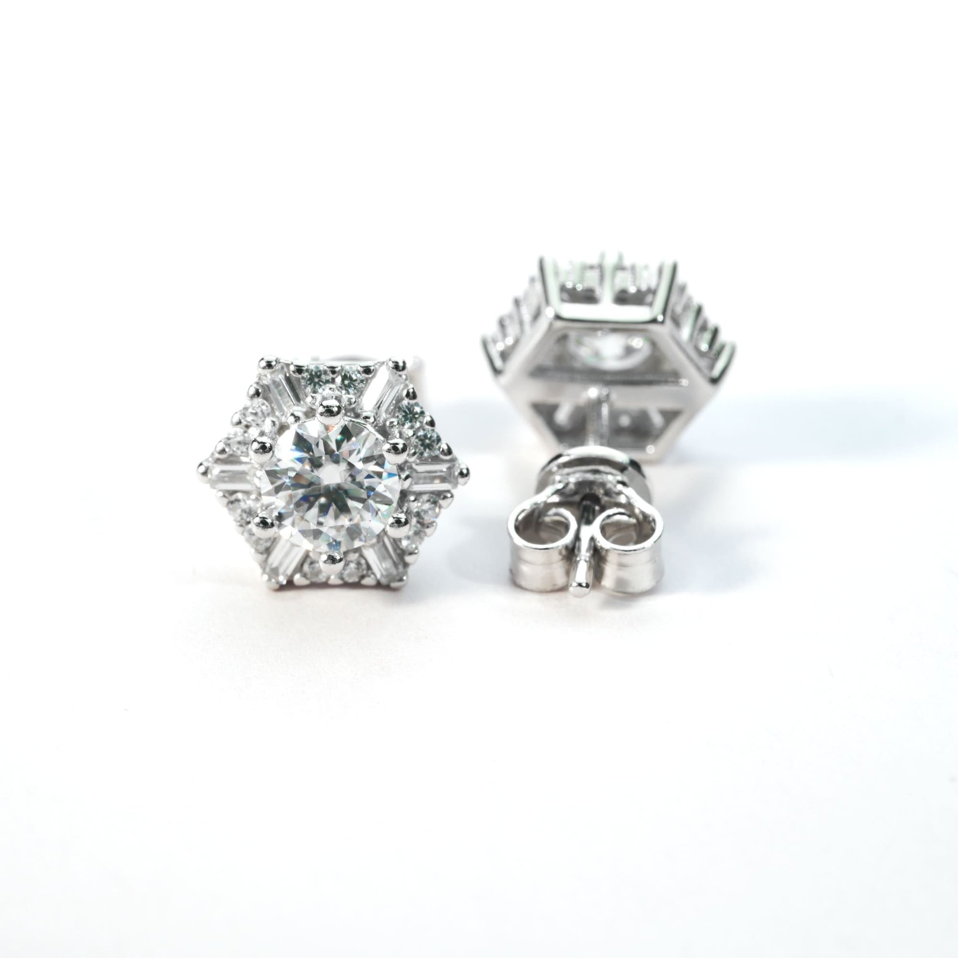 Art Deco Hexagon Halo Moissanite Stud Earrings in Silver | 0.5ct DEW (5mm) Round Cluster - Image 4