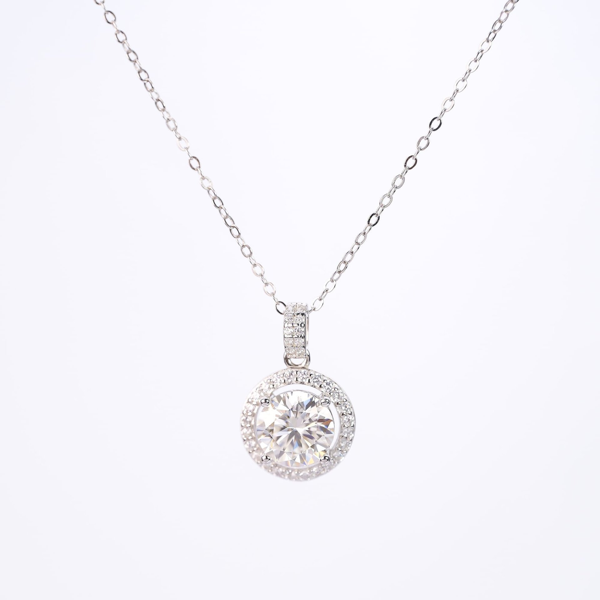 Halo-Set 2 CT DEW Round Moissanite Pendant Necklace | 8mm DEF Stone, 925 Sterling Silver Cable Chain