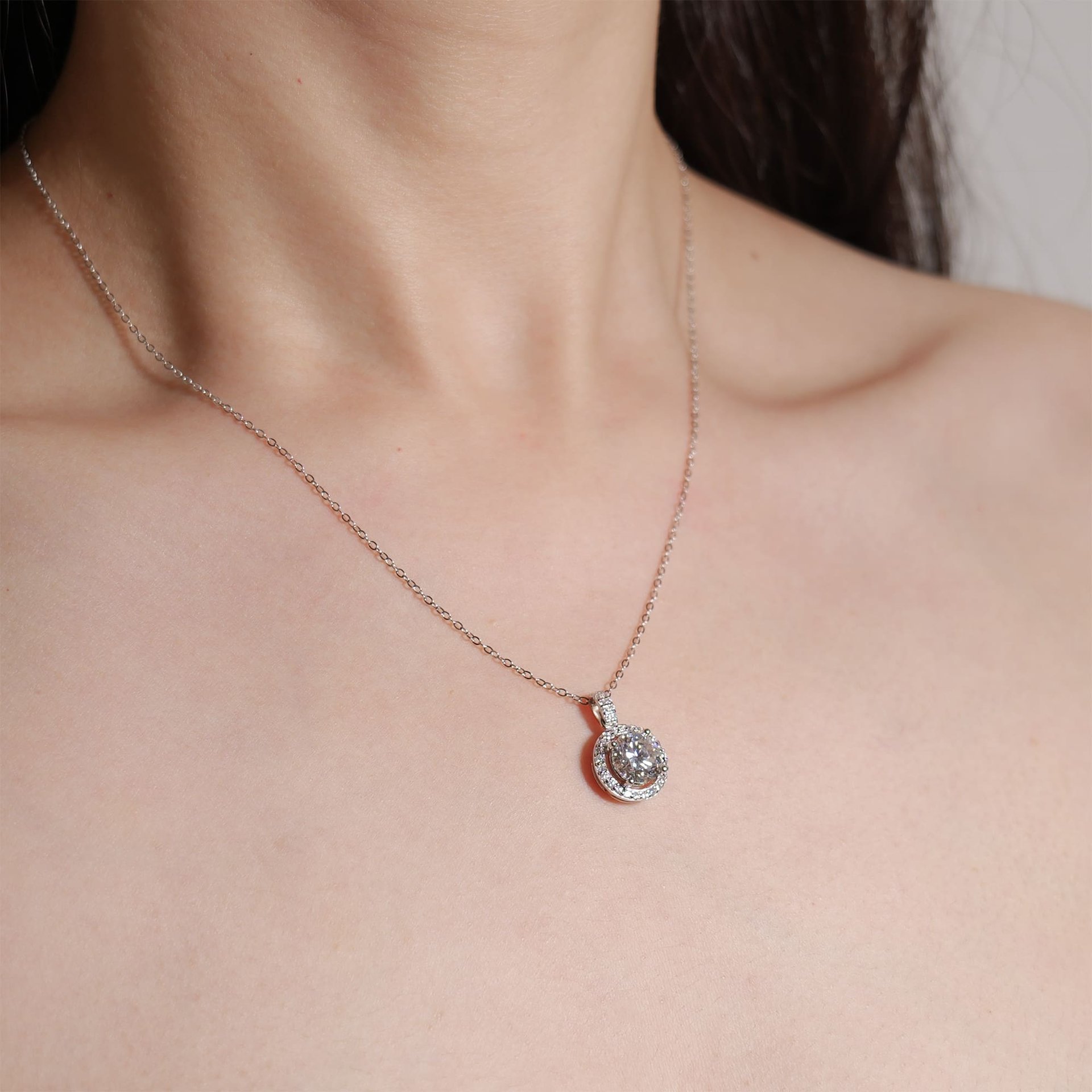 Halo-Set 2 CT DEW Round Moissanite Pendant Necklace | 8mm DEF Stone, 925 Sterling Silver Cable Chain - Image 2
