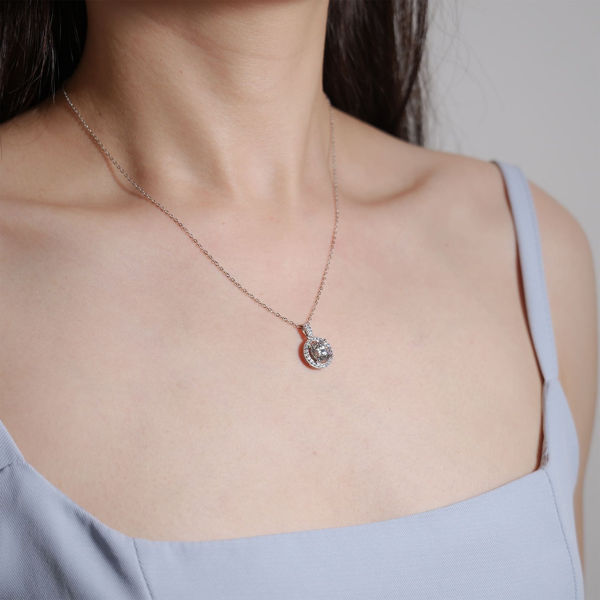 Halo-Set 2 CT DEW Round Moissanite Pendant Necklace | 8mm DEF Stone, 925 Sterling Silver Cable Chain - Image 4