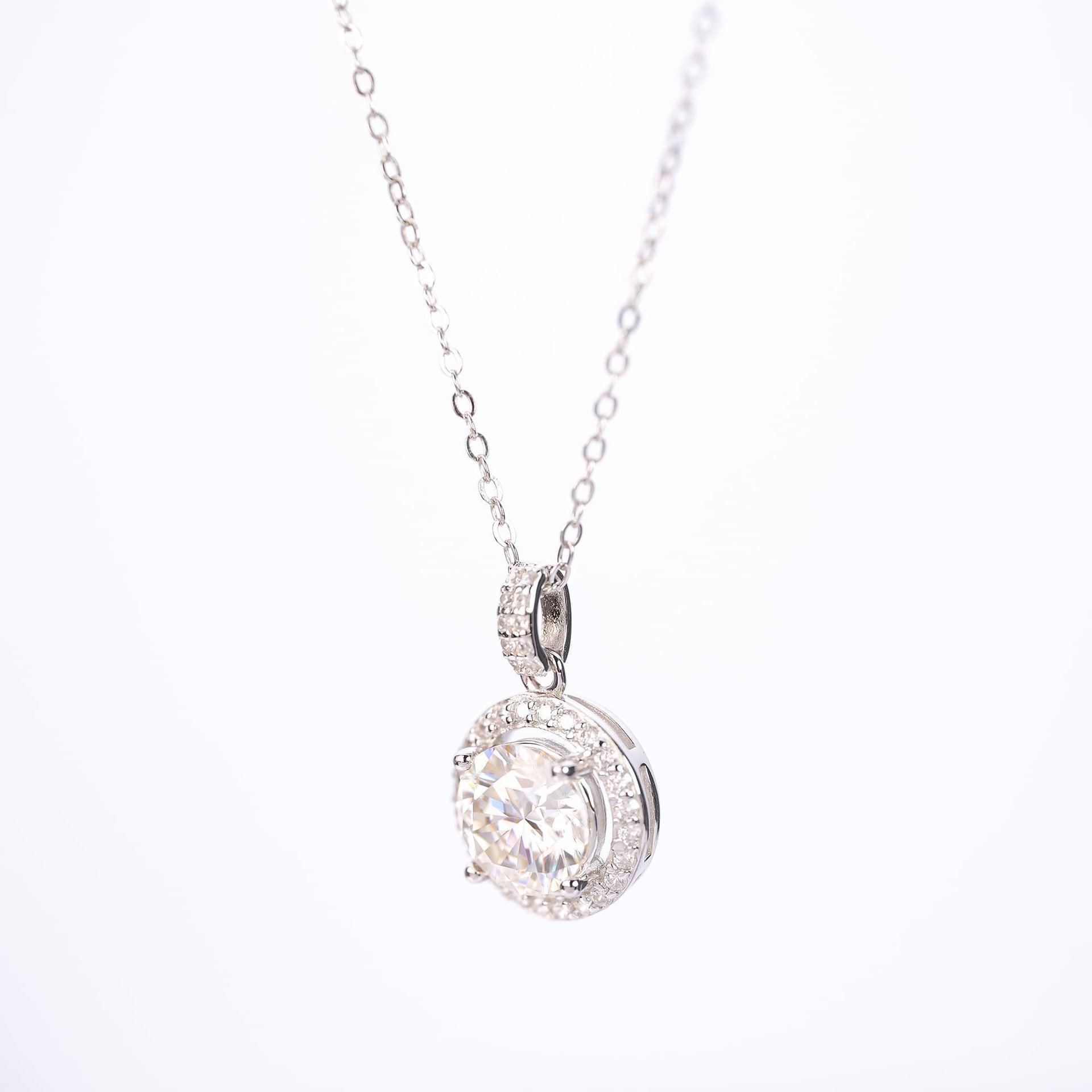 Halo-Set 2 CT DEW Round Moissanite Pendant Necklace | 8mm DEF Stone, 925 Sterling Silver Cable Chain - Image 5
