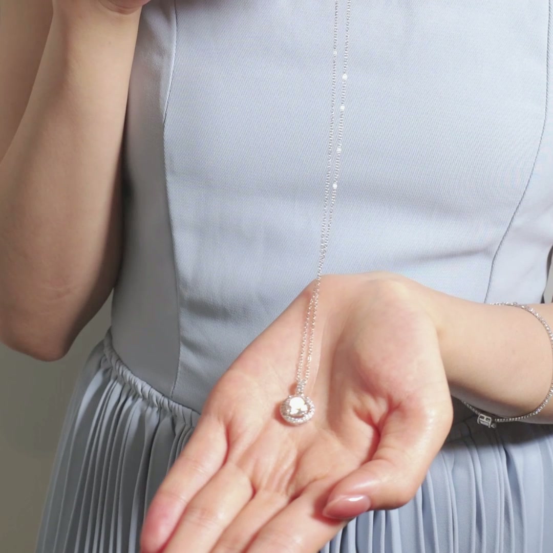 Halo-Set 2 CT DEW Round Moissanite Pendant Necklace | 8mm DEF Stone, 925 Sterling Silver Cable Chain product video thumbnail