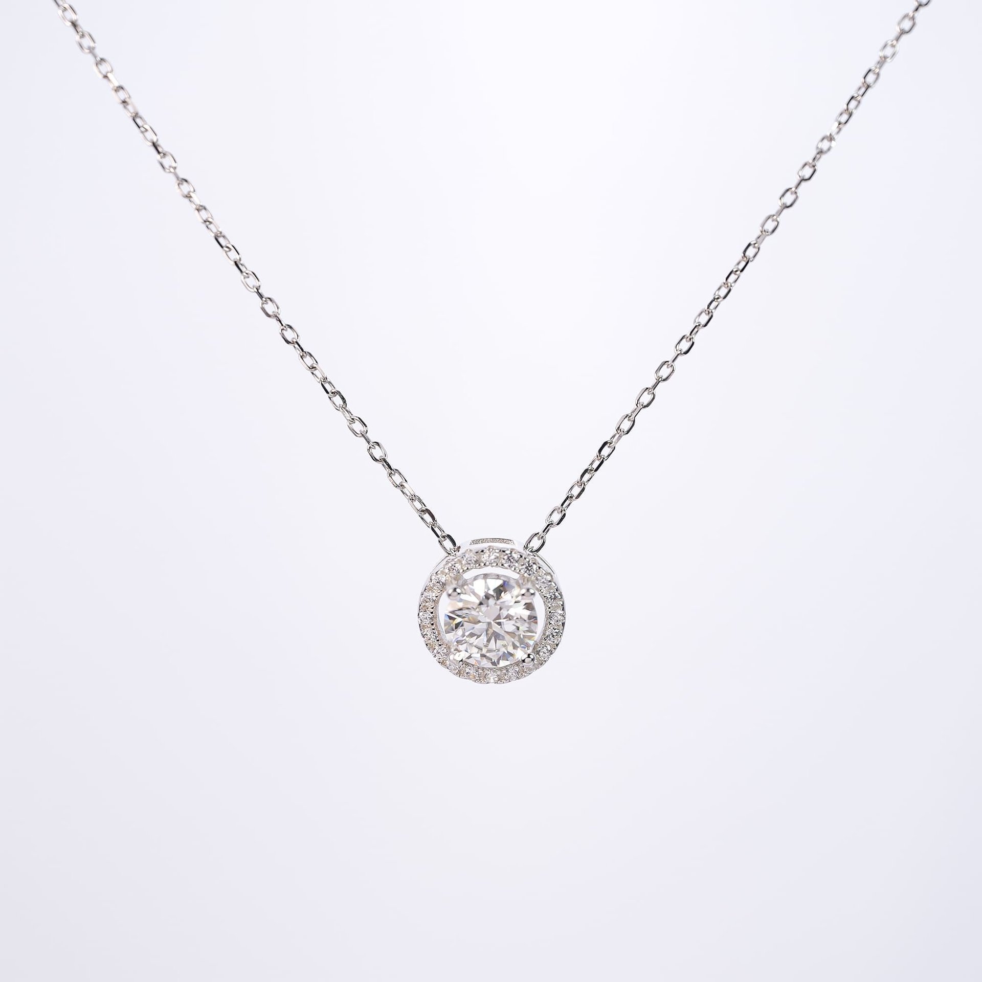 1ct Round Moissanite Halo Pendant Necklace | DEF Colorless | 925 Sterling Silver Cable Chain