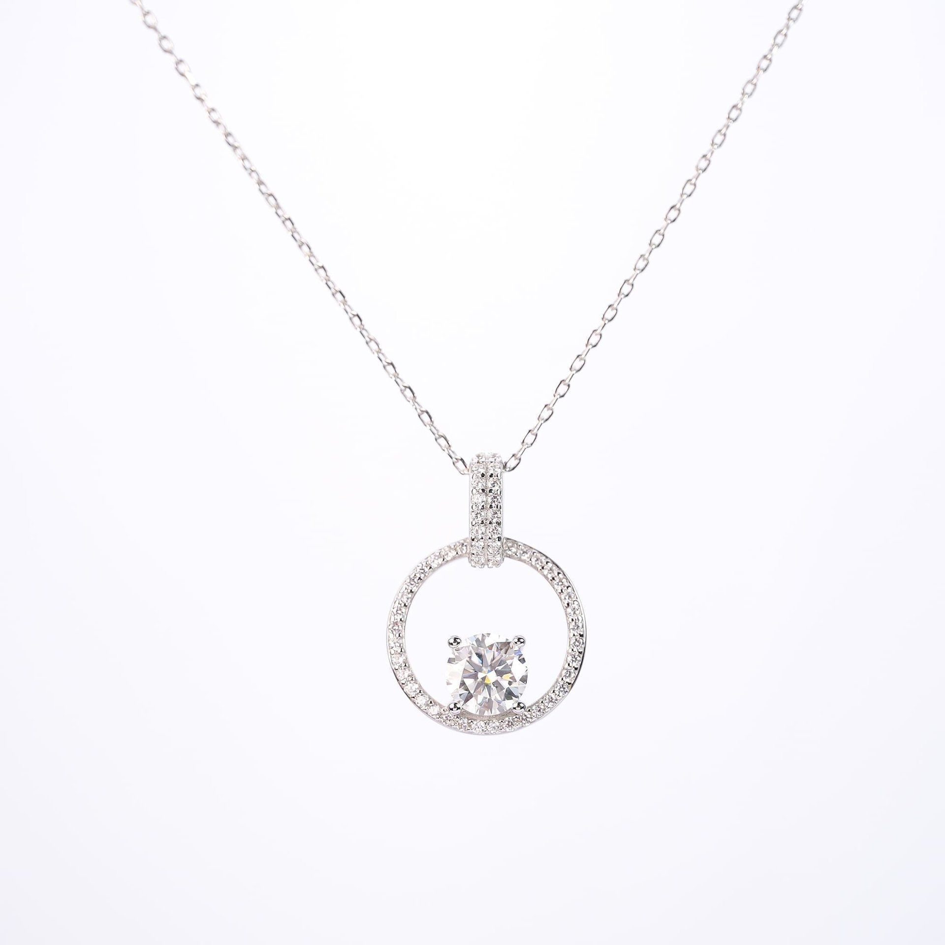 1ct Moissanite Circle Pendant Necklace | Round Solitaire in Pavé Open Circle | 925 Sterling Silver, White Gold Plated