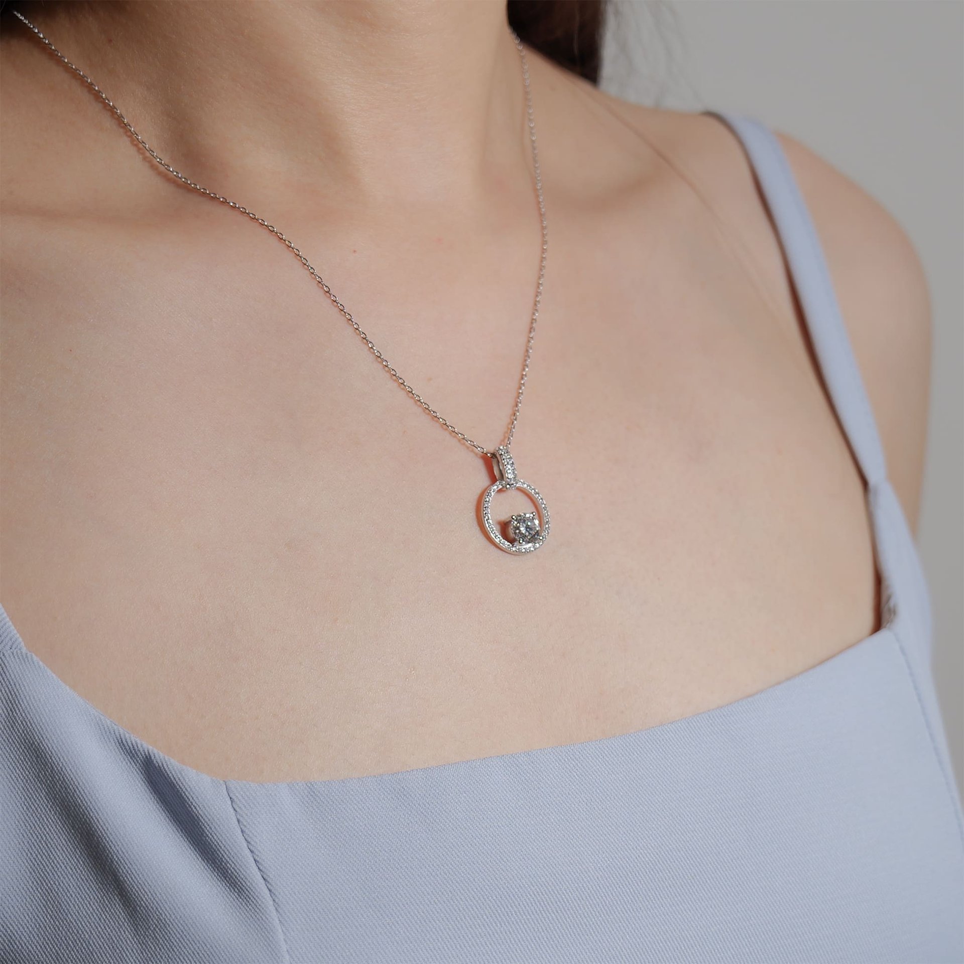 1ct Moissanite Circle Pendant Necklace | Round Solitaire in Pavé Open Circle | 925 Sterling Silver, White Gold Plated -...
