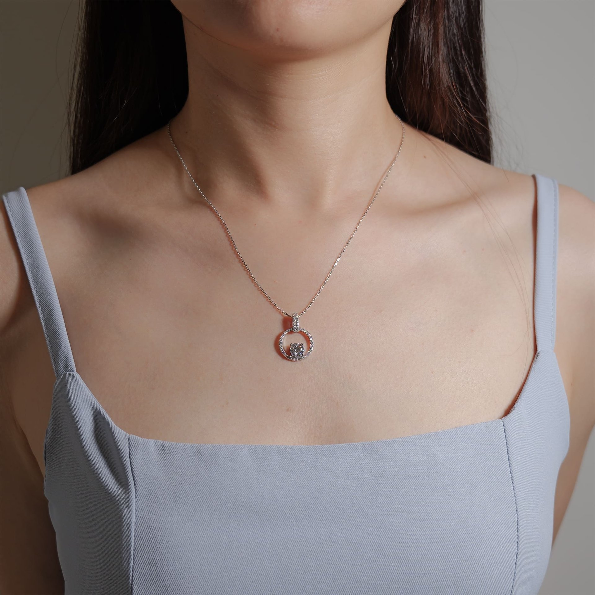 1ct Moissanite Circle Pendant Necklace | Round Solitaire in Pavé Open Circle | 925 Sterling Silver, White Gold Plated -...