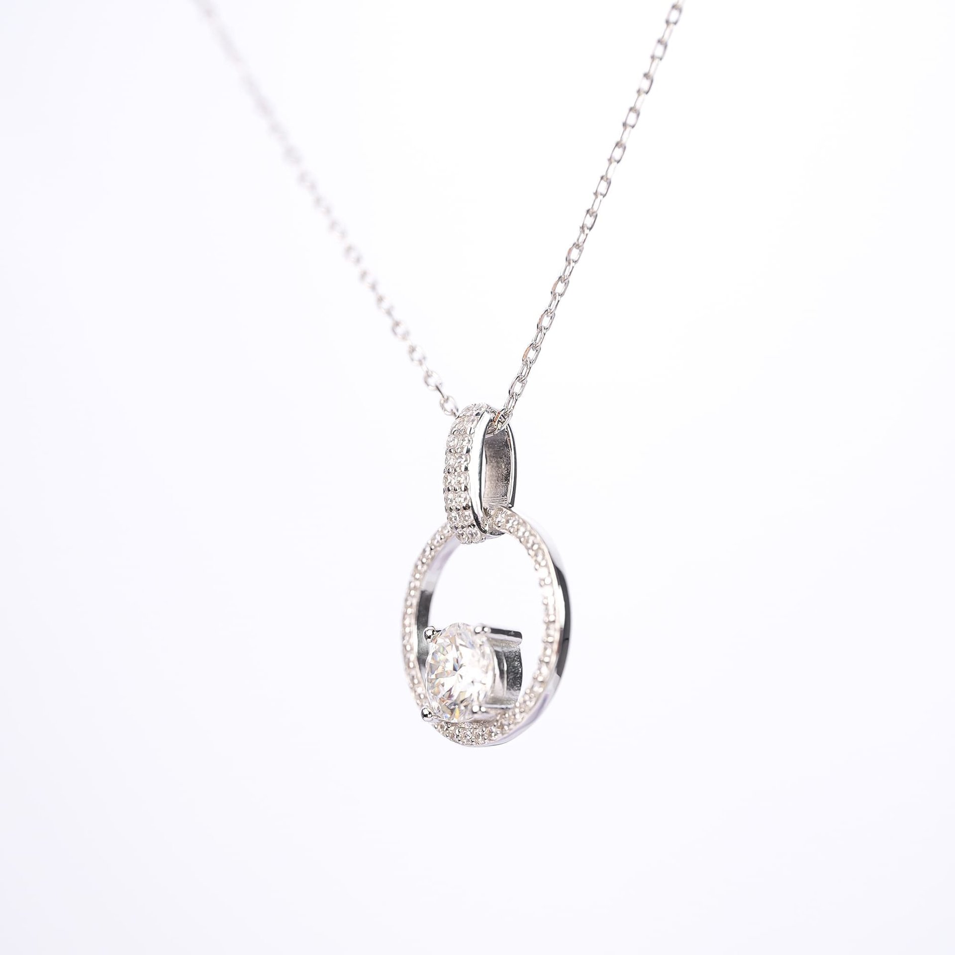 1ct Moissanite Circle Pendant Necklace | Round Solitaire in Pavé Open Circle | 925 Sterling Silver, White Gold Plated -...