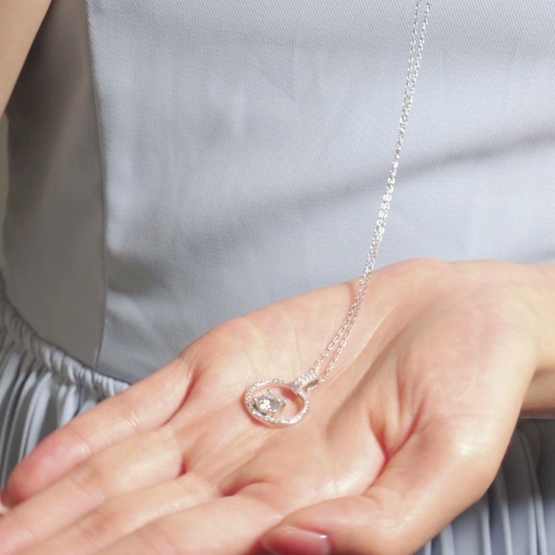 1ct Moissanite Circle Pendant Necklace | Round Solitaire in Pavé Open Circle | 925 Sterling Silver, White Gold Plated product video thumbnail