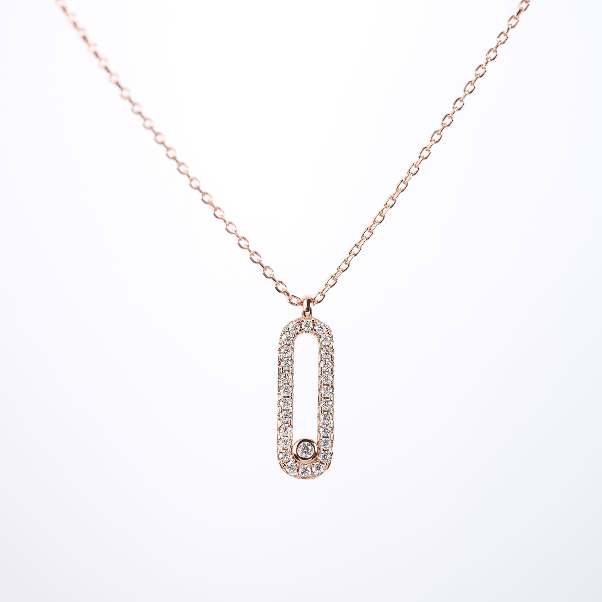 Rose Gold Moissanite Open Link Necklace | Pavé Elongated Rectangle Pendant | 925 Sterling Silver