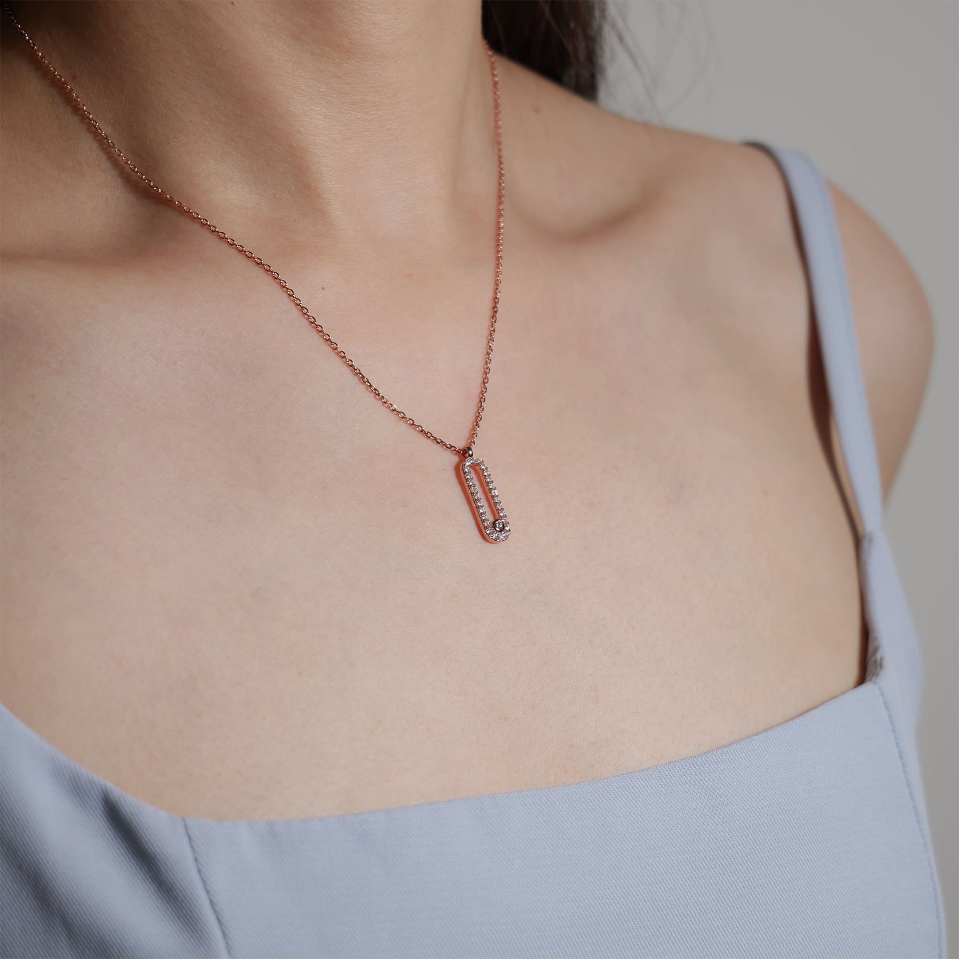 Rose Gold Moissanite Open Link Necklace | Pavé Elongated Rectangle Pendant | 925 Sterling Silver - Image 3