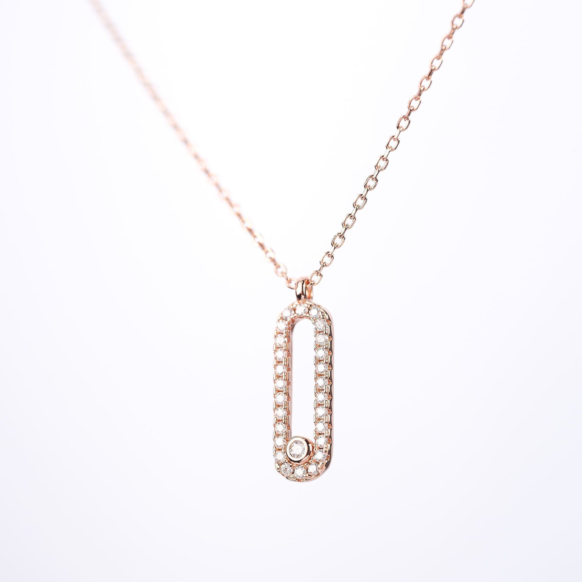 Rose Gold Moissanite Open Link Necklace | Pavé Elongated Rectangle Pendant | 925 Sterling Silver - Image 4