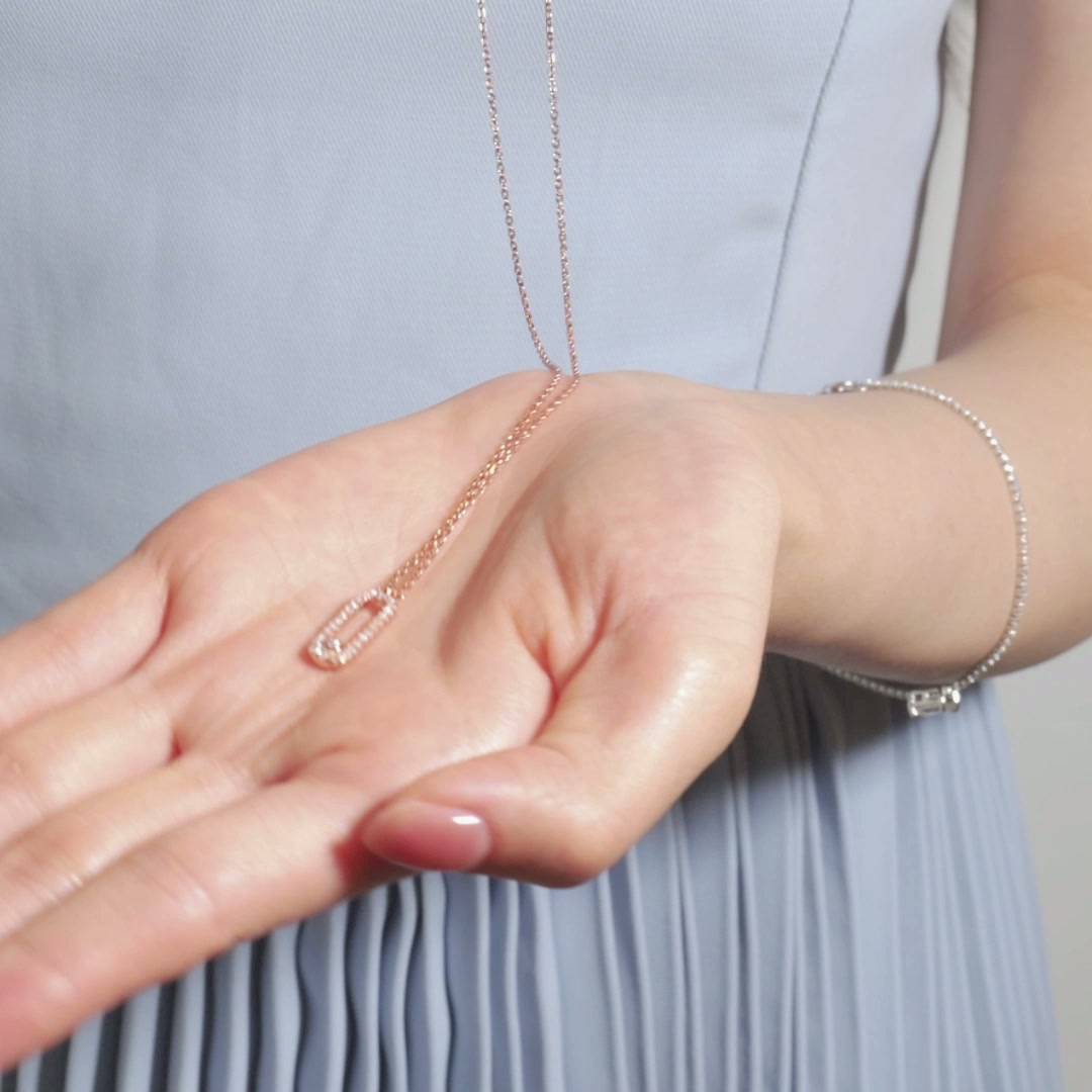Rose Gold Moissanite Open Link Necklace | Pavé Elongated Rectangle Pendant | 925 Sterling Silver product video thumbnail