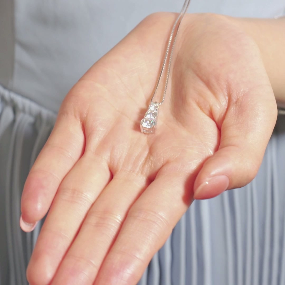 Three-Stone Graduated Moissanite Pendant in 925 Sterling Silver | 1.8 CTW DEW Round Brilliant product video thumbnail