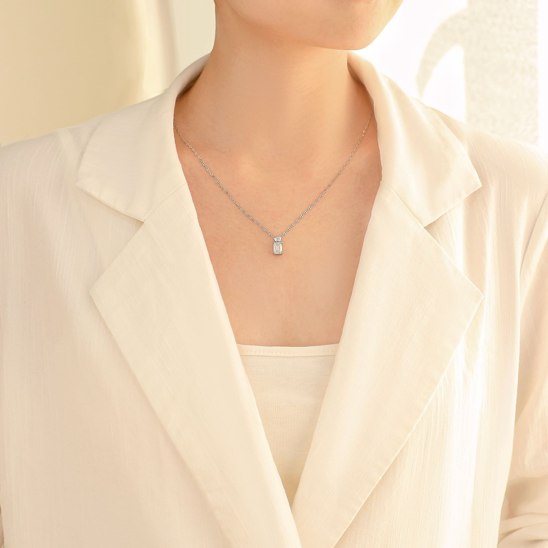 Moissanite Emerald-Cut Pendant Necklace | 1ct DEW Step-Cut Solitaire | 925 Sterling Silver, Rhodium-Plated - Image 2