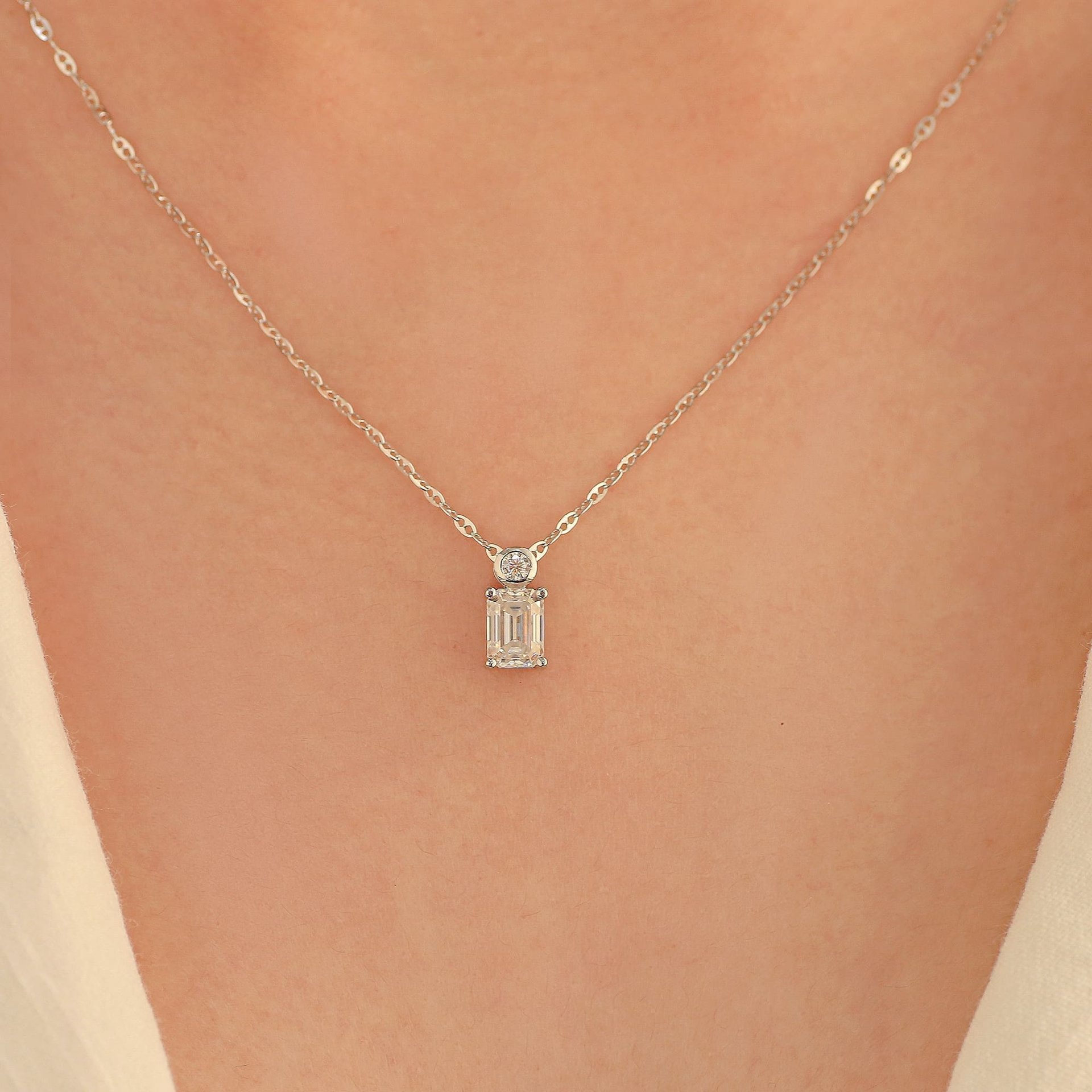 Moissanite Emerald-Cut Pendant Necklace | 1ct DEW Step-Cut Solitaire | 925 Sterling Silver, Rhodium-Plated - Image 3