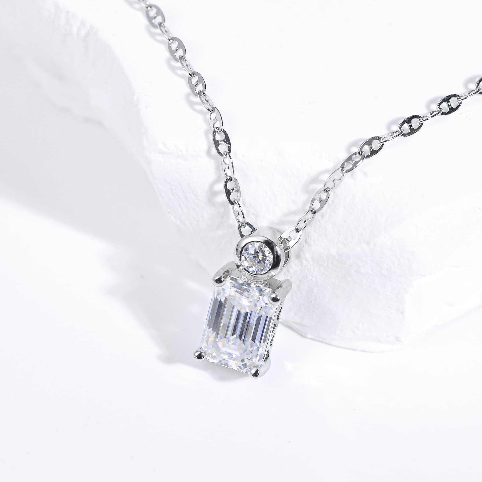 Moissanite Emerald-Cut Pendant Necklace | 1ct DEW Step-Cut Solitaire | 925 Sterling Silver, Rhodium-Plated - Image 4