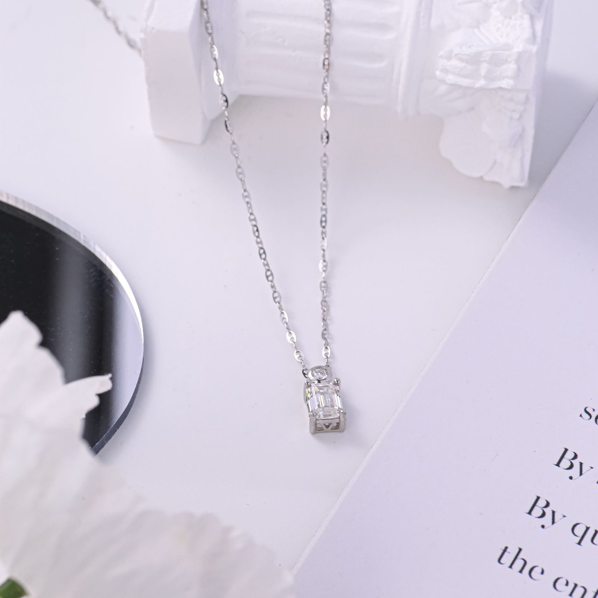 Moissanite Emerald-Cut Pendant Necklace | 1ct DEW Step-Cut Solitaire | 925 Sterling Silver, Rhodium-Plated - Image 5