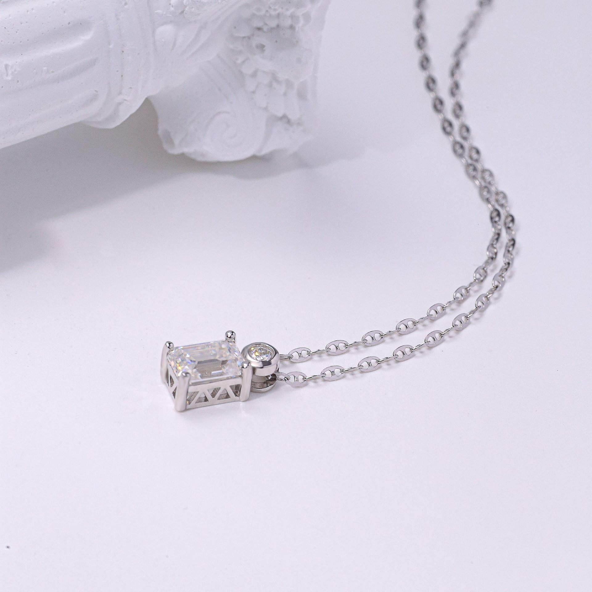 Moissanite Emerald-Cut Pendant Necklace | 1ct DEW Step-Cut Solitaire | 925 Sterling Silver, Rhodium-Plated - Image 7