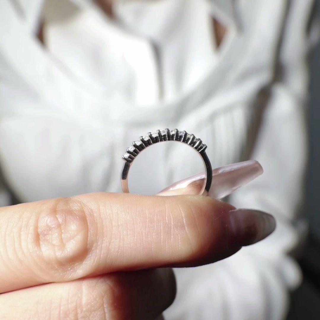 Moissanite Half-Eternity Band | Round-Cut Pavé Wedding & Anniversary Ring in White-Gold-Plated 925 Silver product video thumbnail
