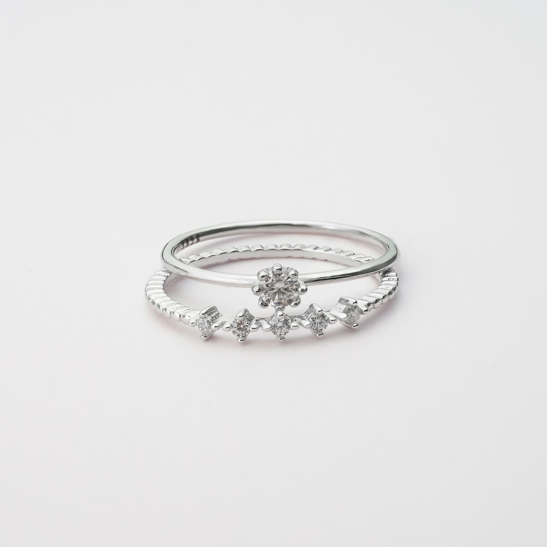 2-Piece Moissanite Stackable Ring Set | Round Solitaire + Scattered Accent Band | 925 White Gold-Plated Silver