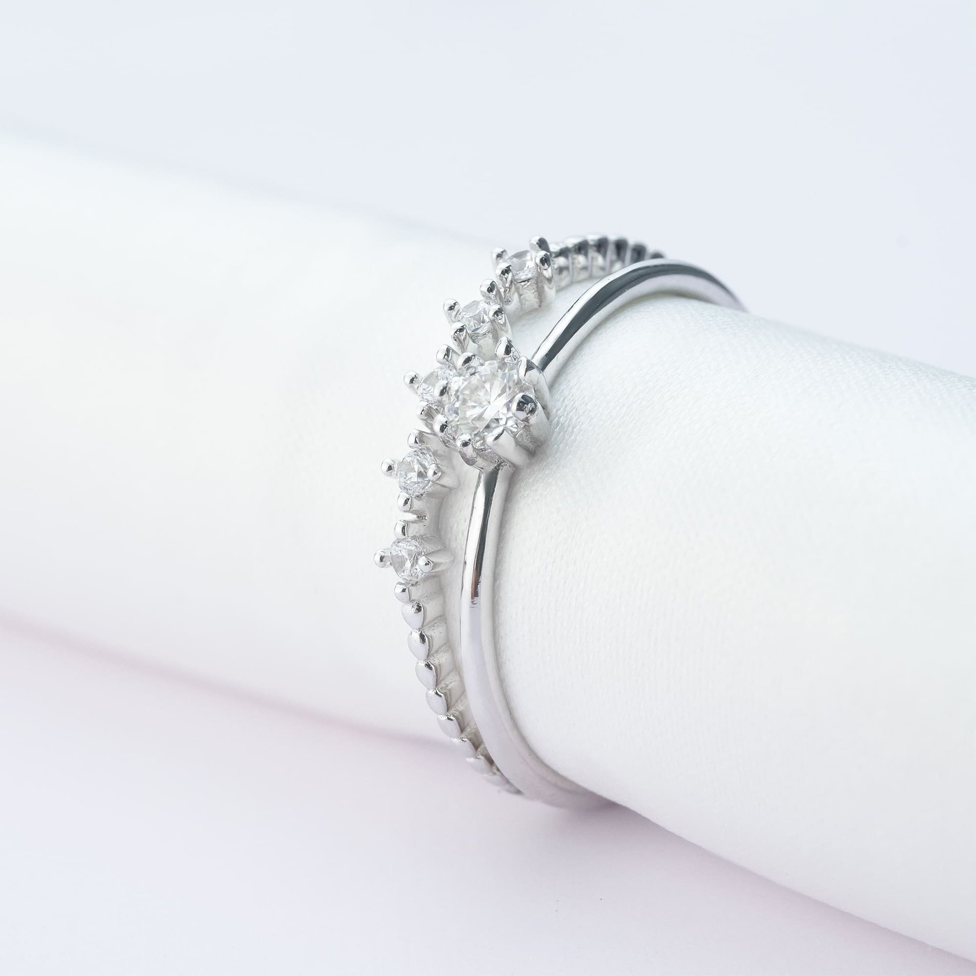 2-Piece Moissanite Stackable Ring Set | Round Solitaire + Scattered Accent Band | 925 White Gold-Plated Silver - Image 5