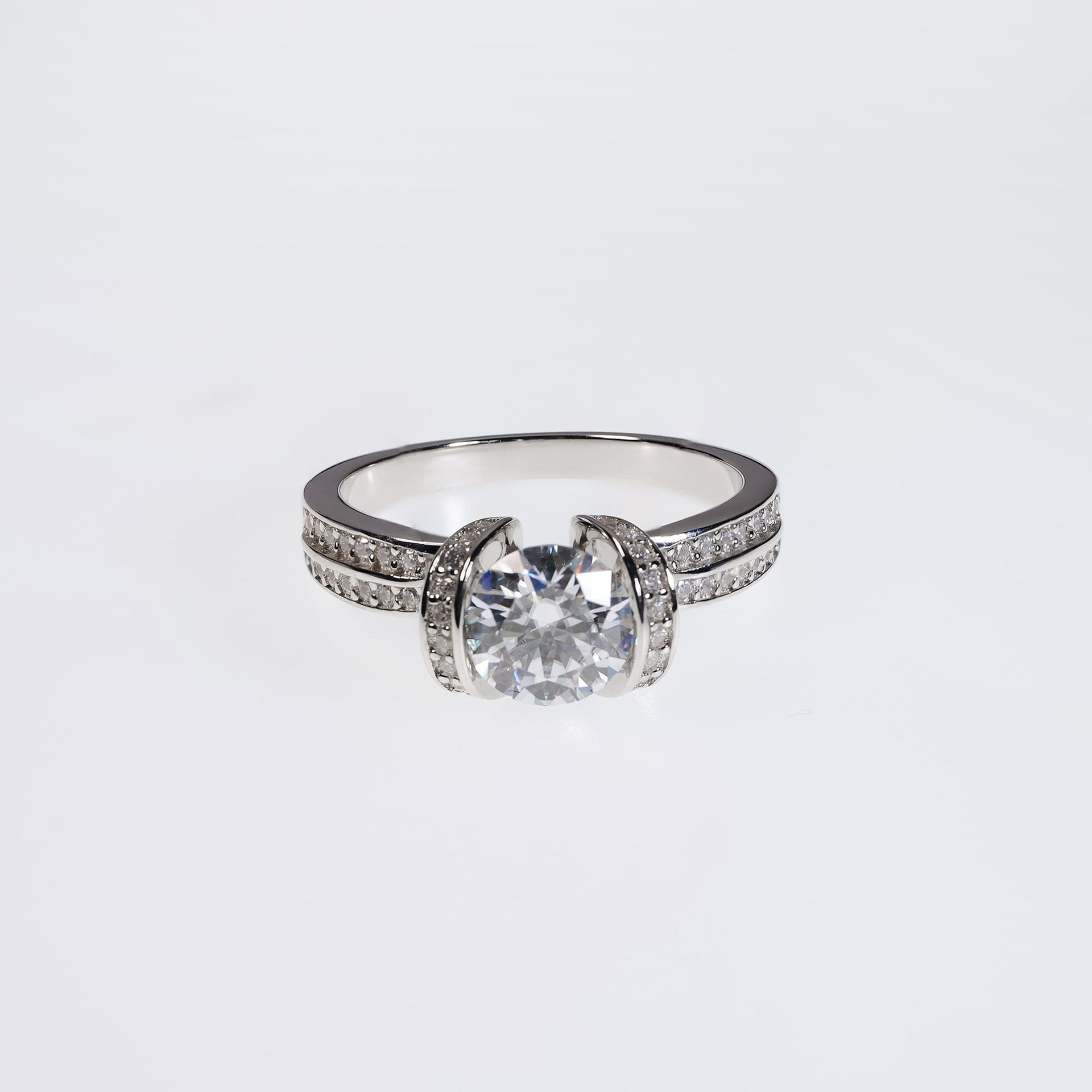 1ct Moissanite Solitaire Promise Ring | Half-Bezel Tension Setting, Pavé Shoulders | 925 Sterling Silver