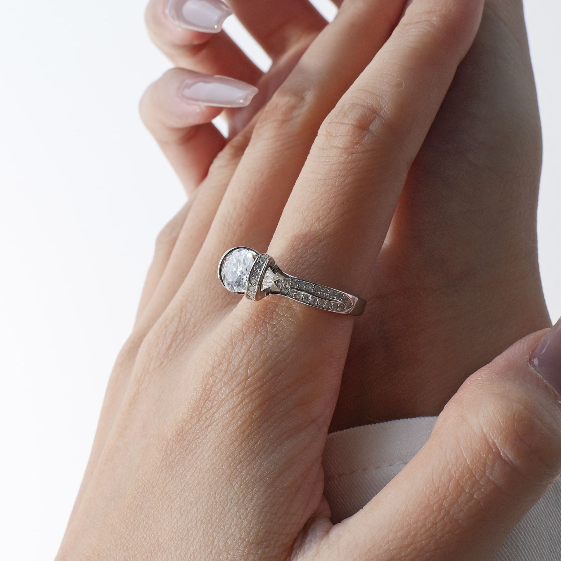 1ct Moissanite Solitaire Promise Ring | Half-Bezel Tension Setting, Pavé Shoulders | 925 Sterling Silver - Image 3